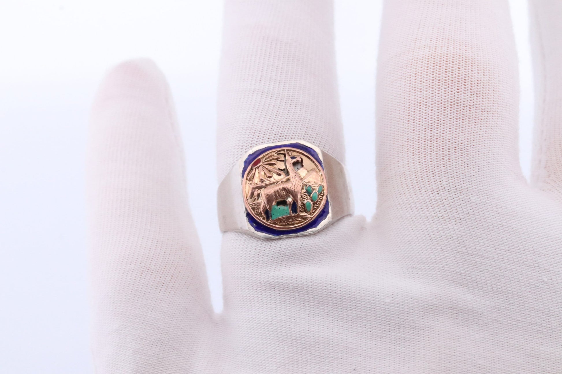 18k Heavy Signet ring. Aztec Mayan or Inca with Llama Alpaca Scenery Bust. Turquoise Enamel 18k Embossed coin Sterling Silver band