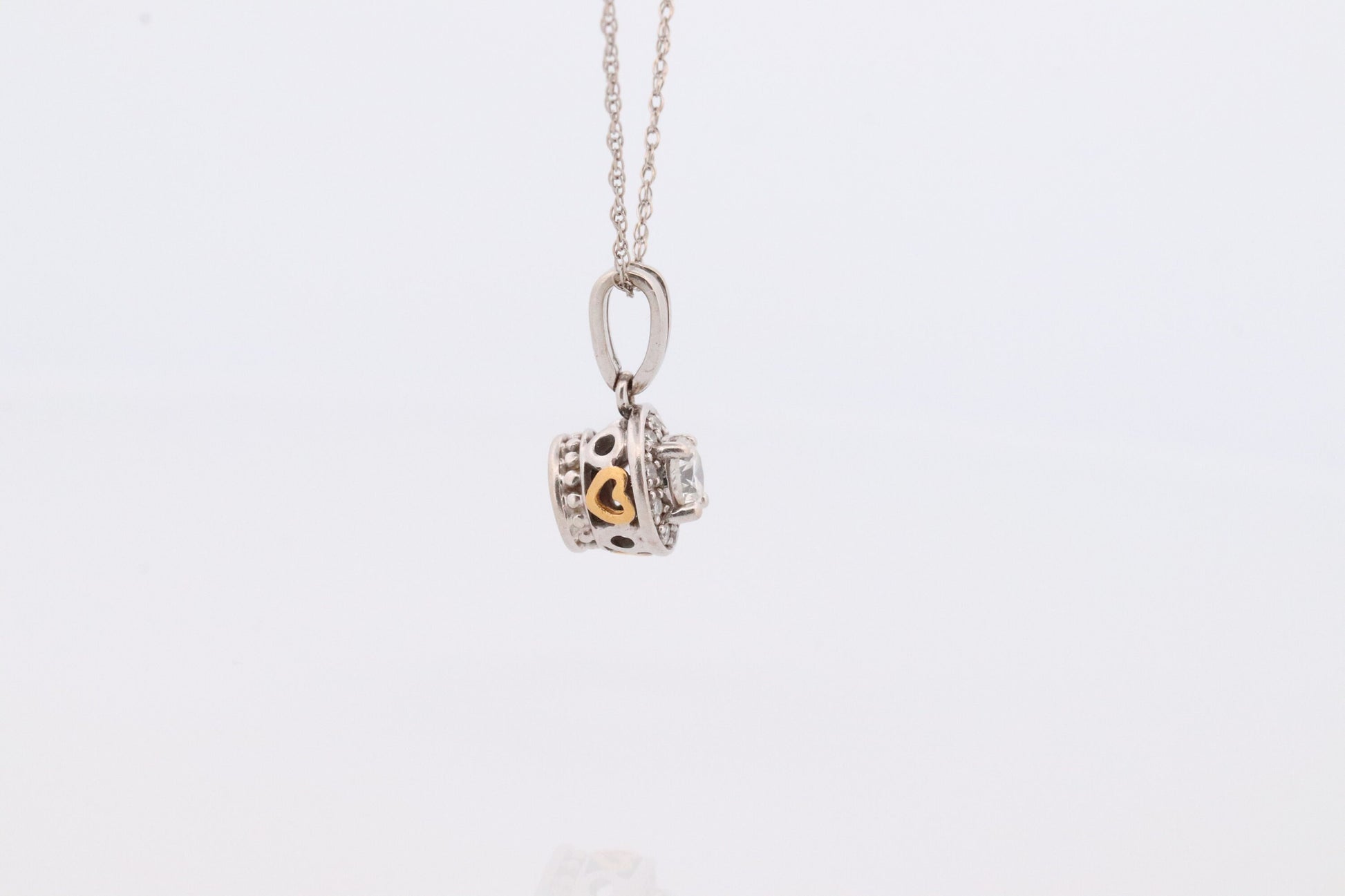 14k Diamond Solitaire Halo Pendant. 14k White gold and 24K Yellow Gold Inlay Canister Pendant. Singapore chain necklace.
