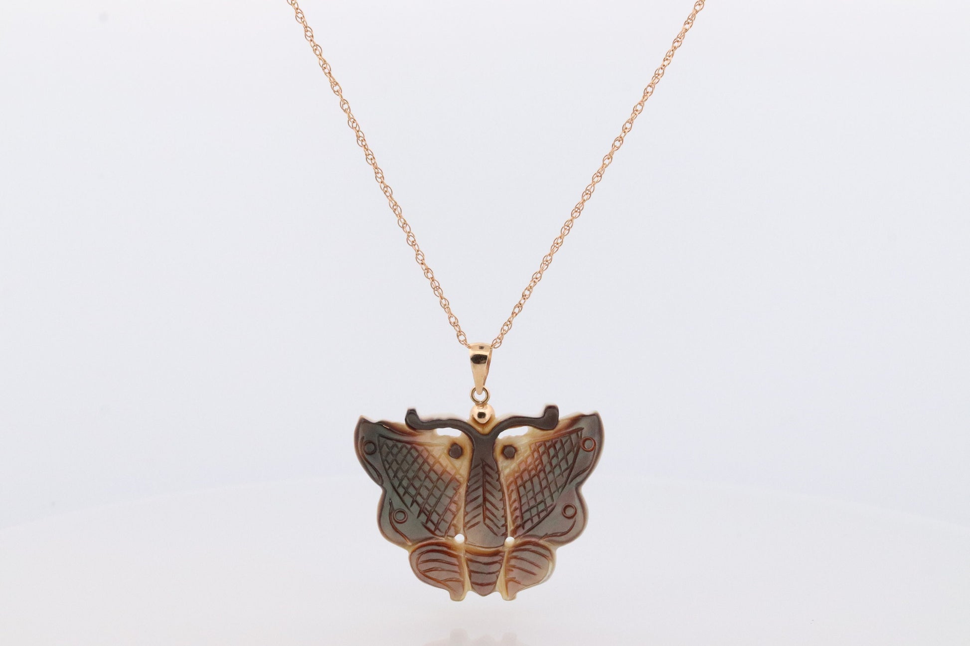 MOP 14k Butterfly. Large Butterfly Pendant. 14k yellow gold chain necklace. PJS Gold Pendant. st(77)