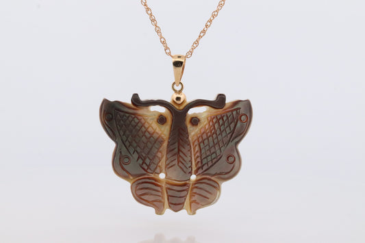 MOP 14k Butterfly. Large Butterfly Pendant. 14k yellow gold chain necklace. PJS Gold Pendant. st(77)