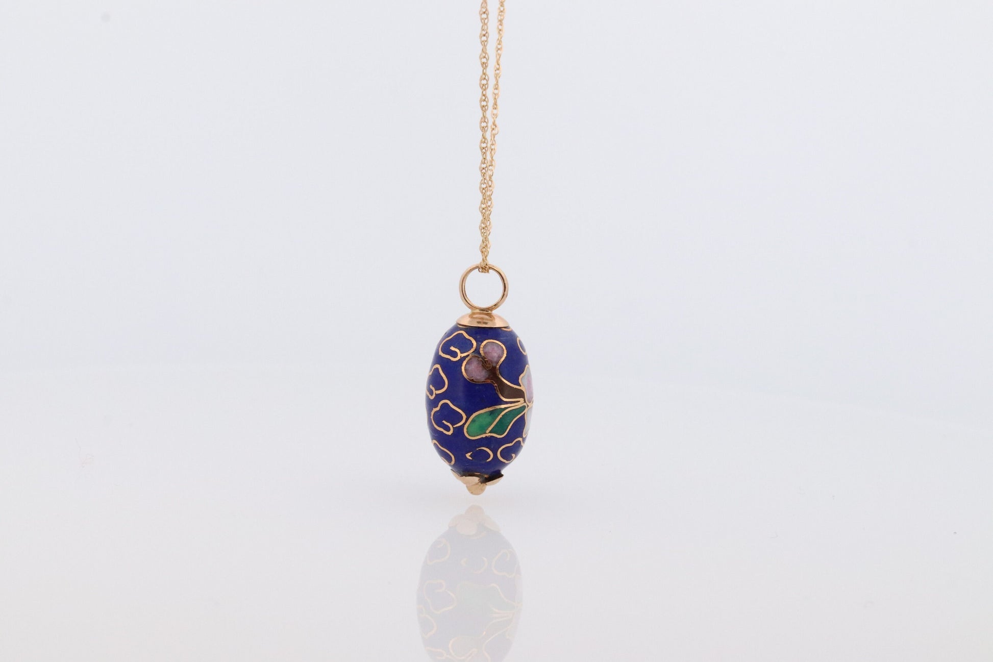 14k EGG Necklace. 14k Yellow Gold Enamel Egg Pendant charm with wheat chain necklace. st77