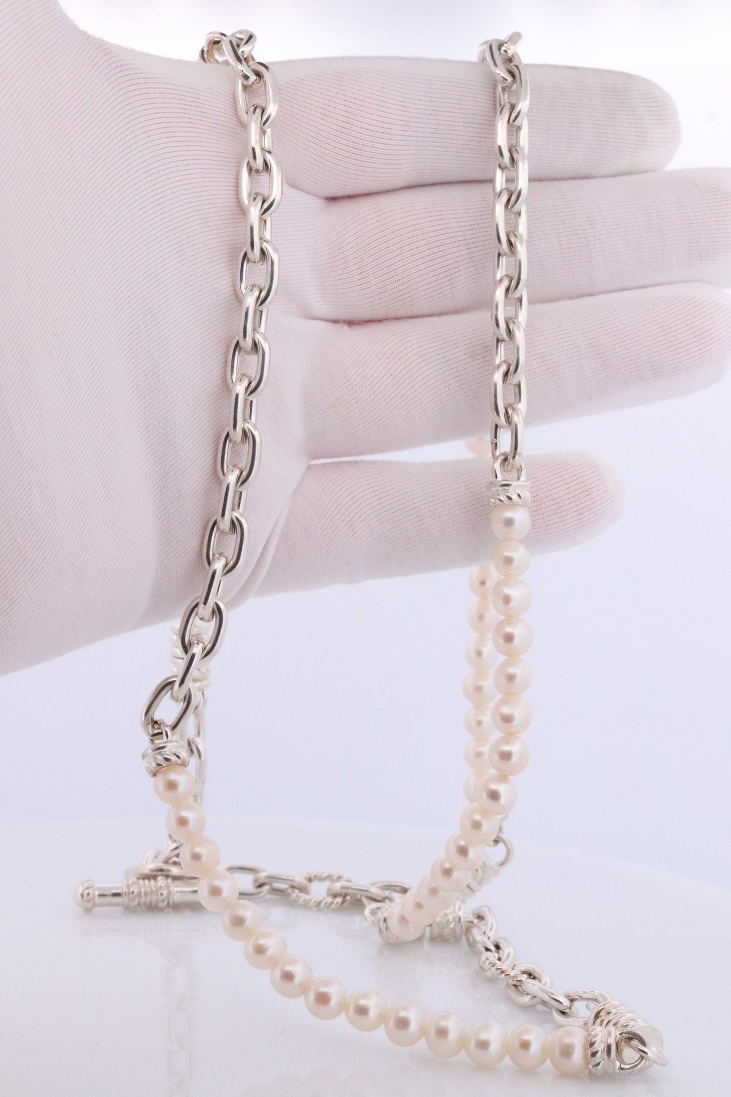 Authentic Judith Ripka JR Sterling Silver Pearl 34in Necklace, Judith Ripka 925 Silver Oval Cable Link Adjustable Convertible Long