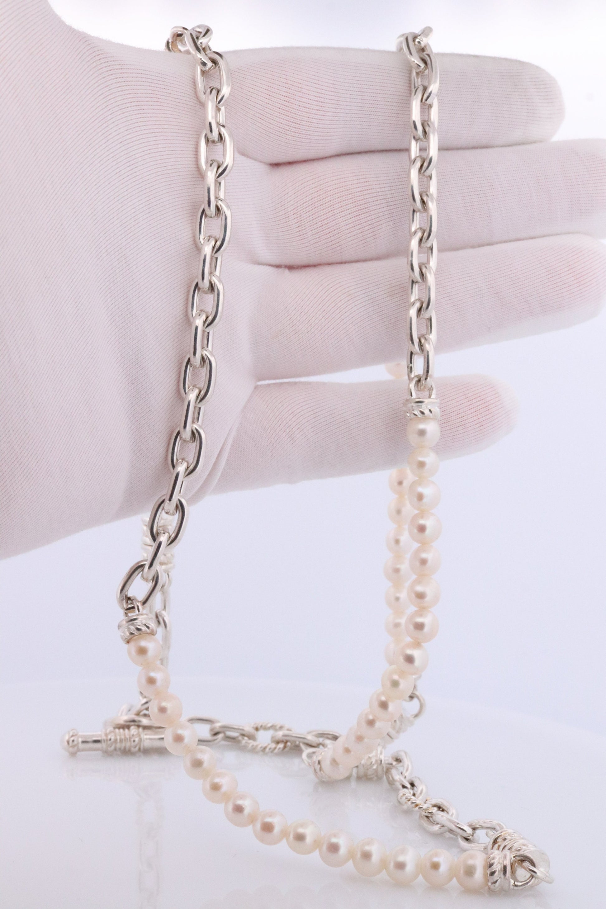 Authentic Judith Ripka JR Sterling Silver Pearl 34in Necklace, Judith Ripka 925 Silver Oval Cable Link Adjustable Convertible Long