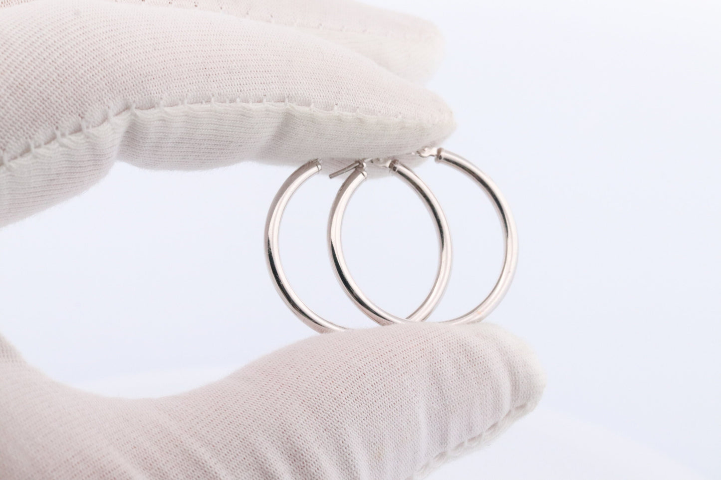 14k White Gold HOOP Earrings. HOOP Puffed Dangle earrings by JCM Jacmel. Wide Hoops.