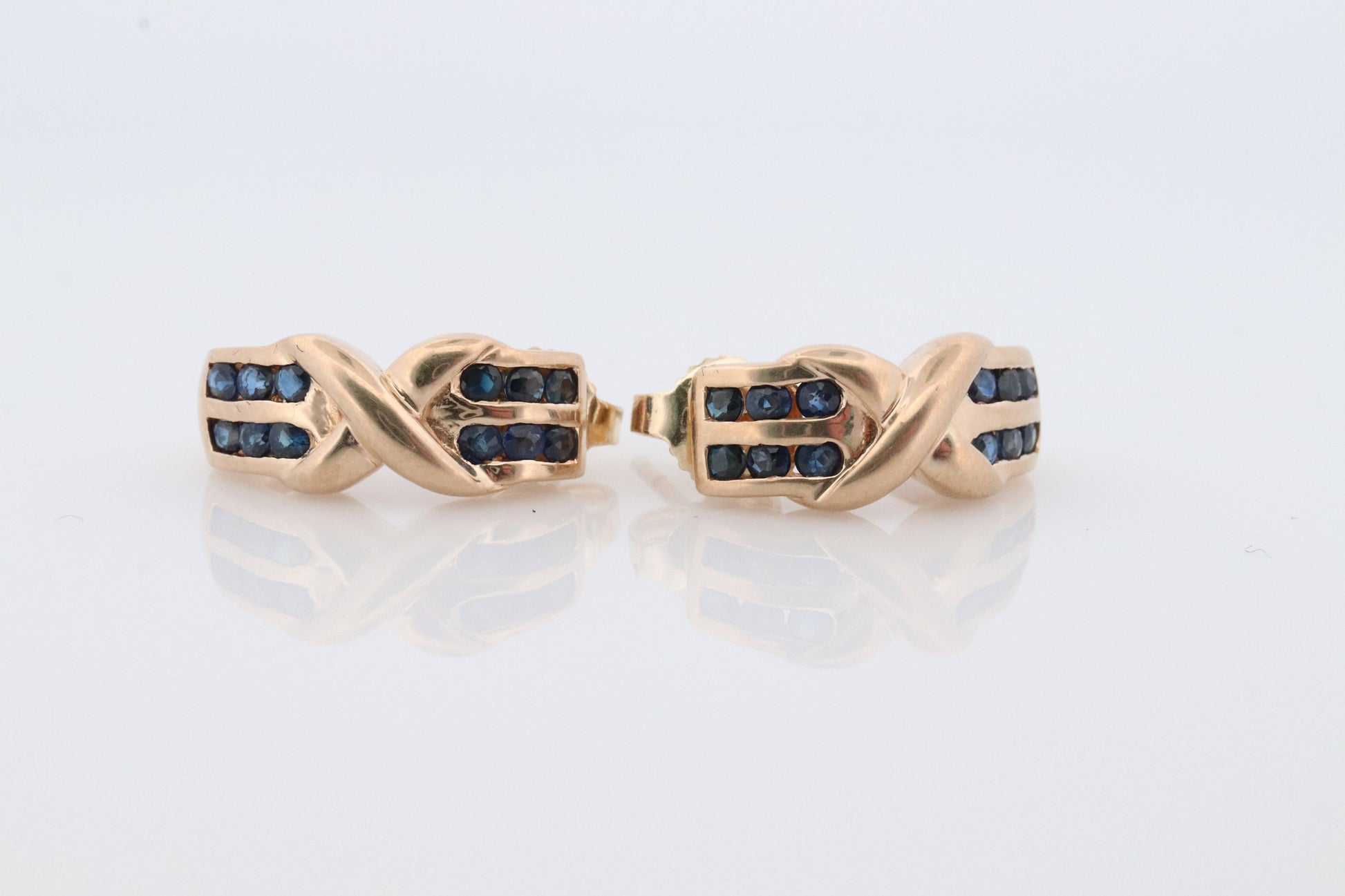 14k Sapphire cross X Dangle earrings. Criss X Channel set Sapphire hoop earrings. XOXO Love Kiss Hug Blue Sapphire Earrings.