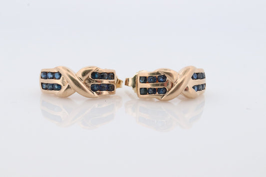 14k Sapphire cross X Dangle earrings. Criss X Channel set Sapphire hoop earrings. XOXO Love Kiss Hug Blue Sapphire Earrings.