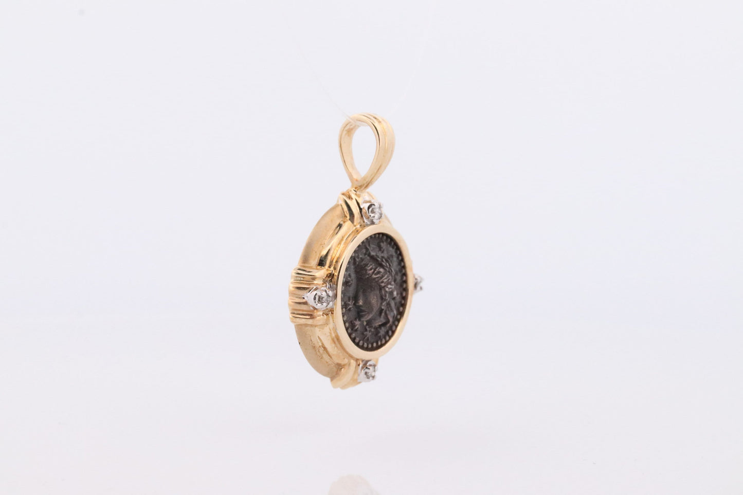 14k Coin Pendant Medallion. Sterling Silver Greek Roman Head Woman Cameo Bust bezel set with diamonds Pendant Charm.