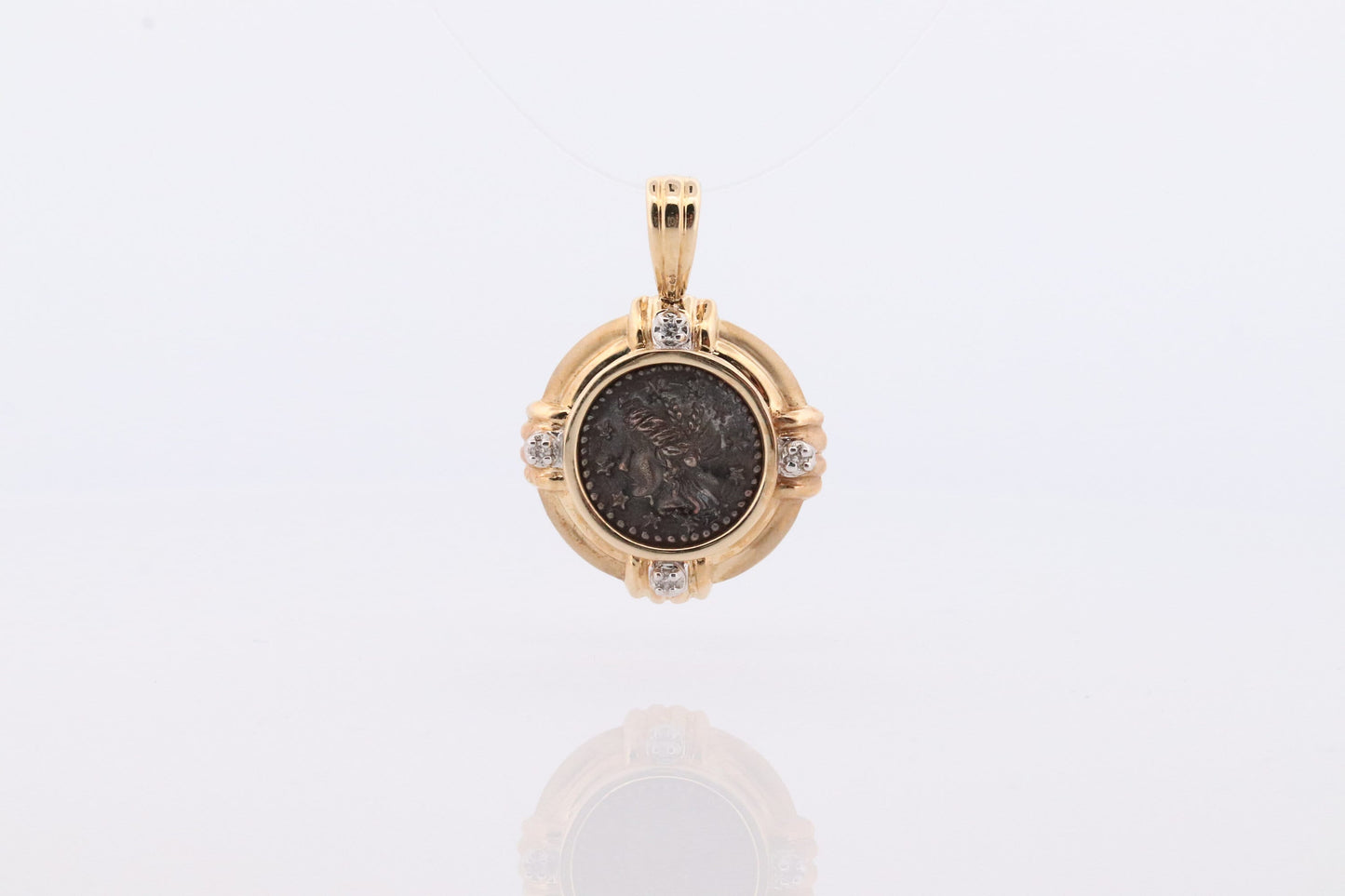 14k Coin Pendant Medallion. Sterling Silver Greek Roman Head Woman Cameo Bust bezel set with diamonds Pendant Charm.
