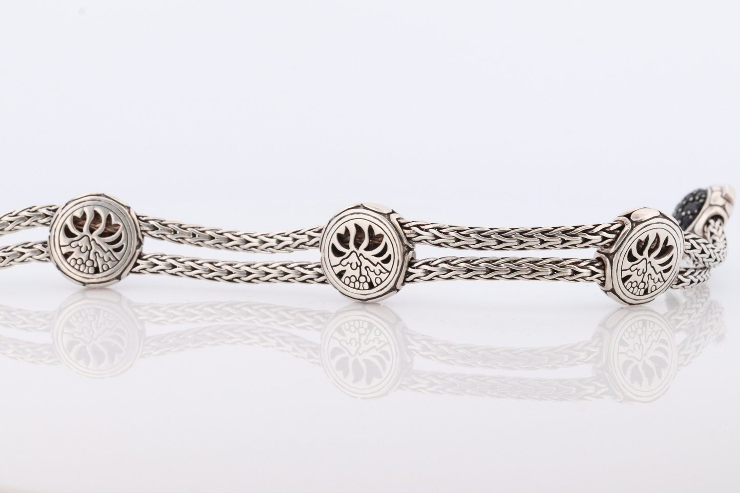 John Hardy Sterling Black Silver Sapphire Bracelet. John Hardy Pebble Pave Dot Palau Station Double Foxtail Byzantine bracelet.