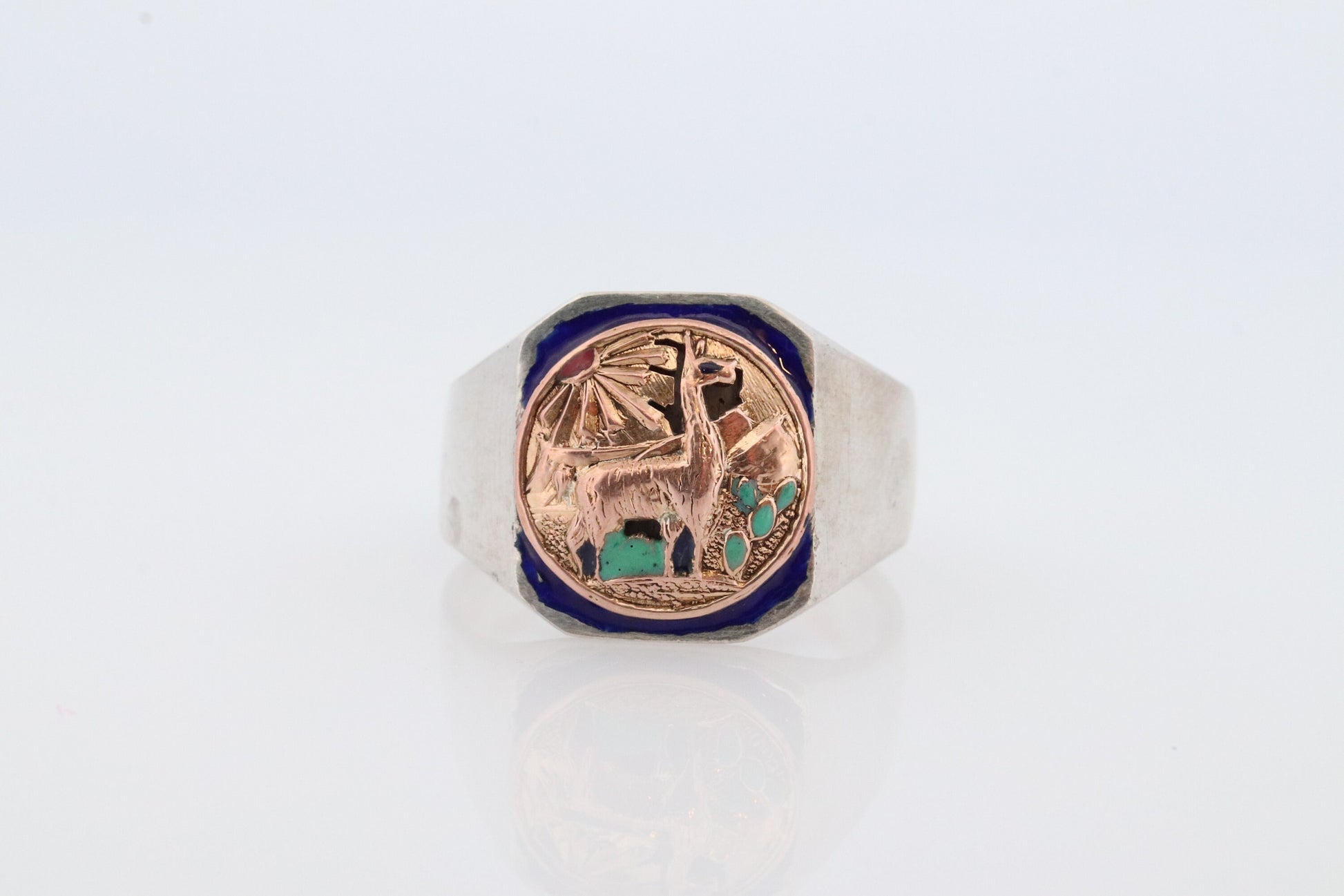18k Heavy Signet ring. Aztec Mayan or Inca with Llama Alpaca Scenery Bust. Turquoise Enamel 18k Embossed coin Sterling Silver band