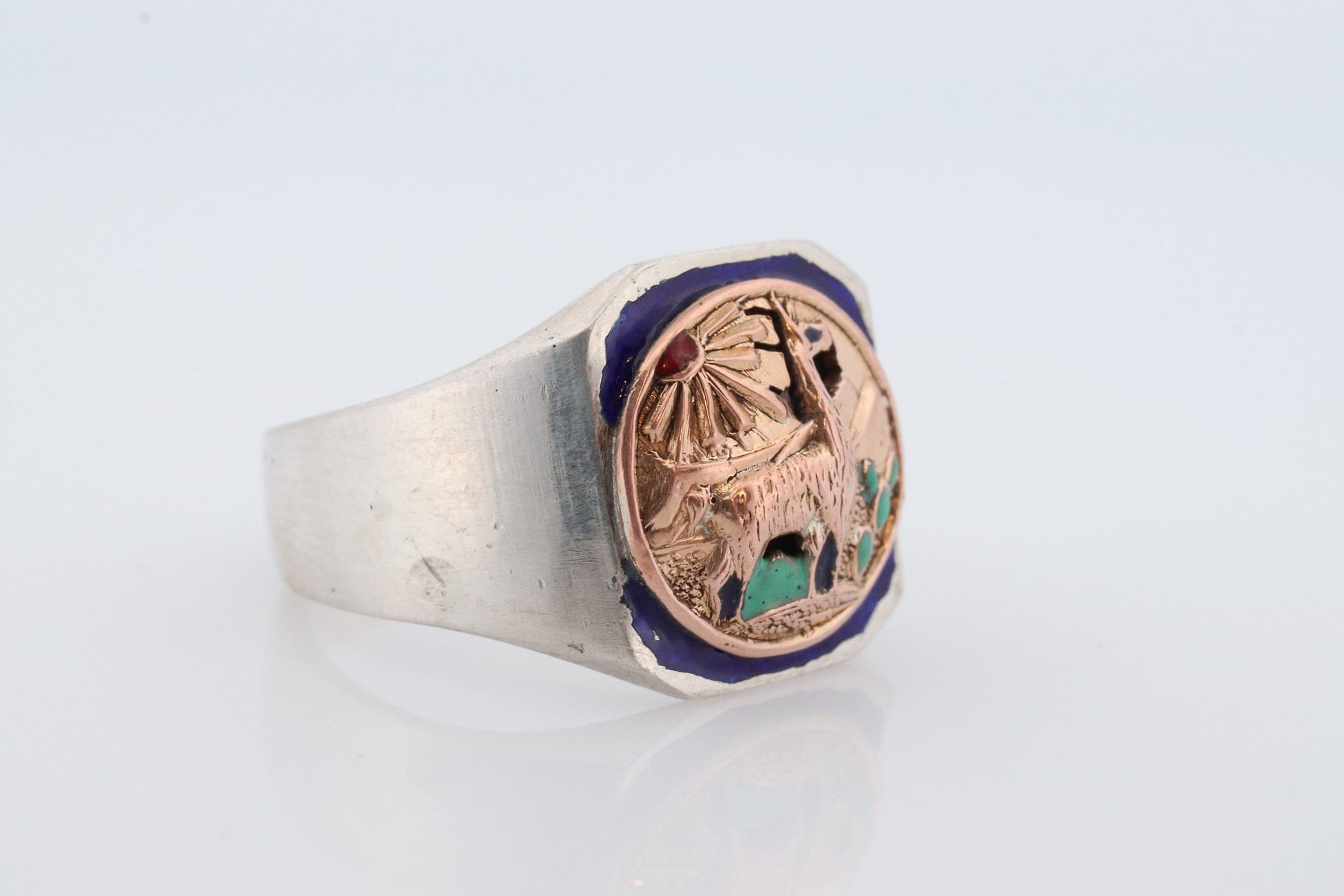 18k Heavy Signet ring. Aztec Mayan or Inca with Llama Alpaca Scenery Bust. Turquoise Enamel 18k Embossed coin Sterling Silver band
