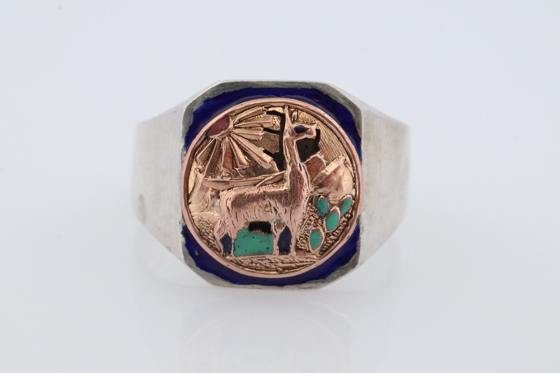 18k Heavy Signet ring. Aztec Mayan or Inca with Llama Alpaca Scenery Bust. Turquoise Enamel 18k Embossed coin Sterling Silver band