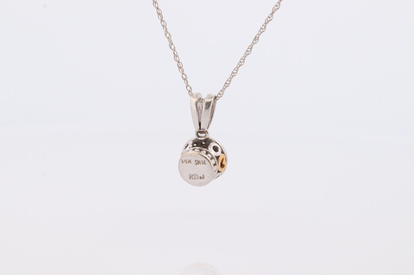 14k Diamond Solitaire Halo Pendant. 14k White gold and 24K Yellow Gold Inlay Canister Pendant. Singapore chain necklace.