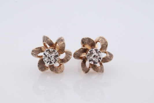 10k Diamond Flower or Star stud earrings. Flower Diamond Solitaire earrings. Propeller Flower Studs.