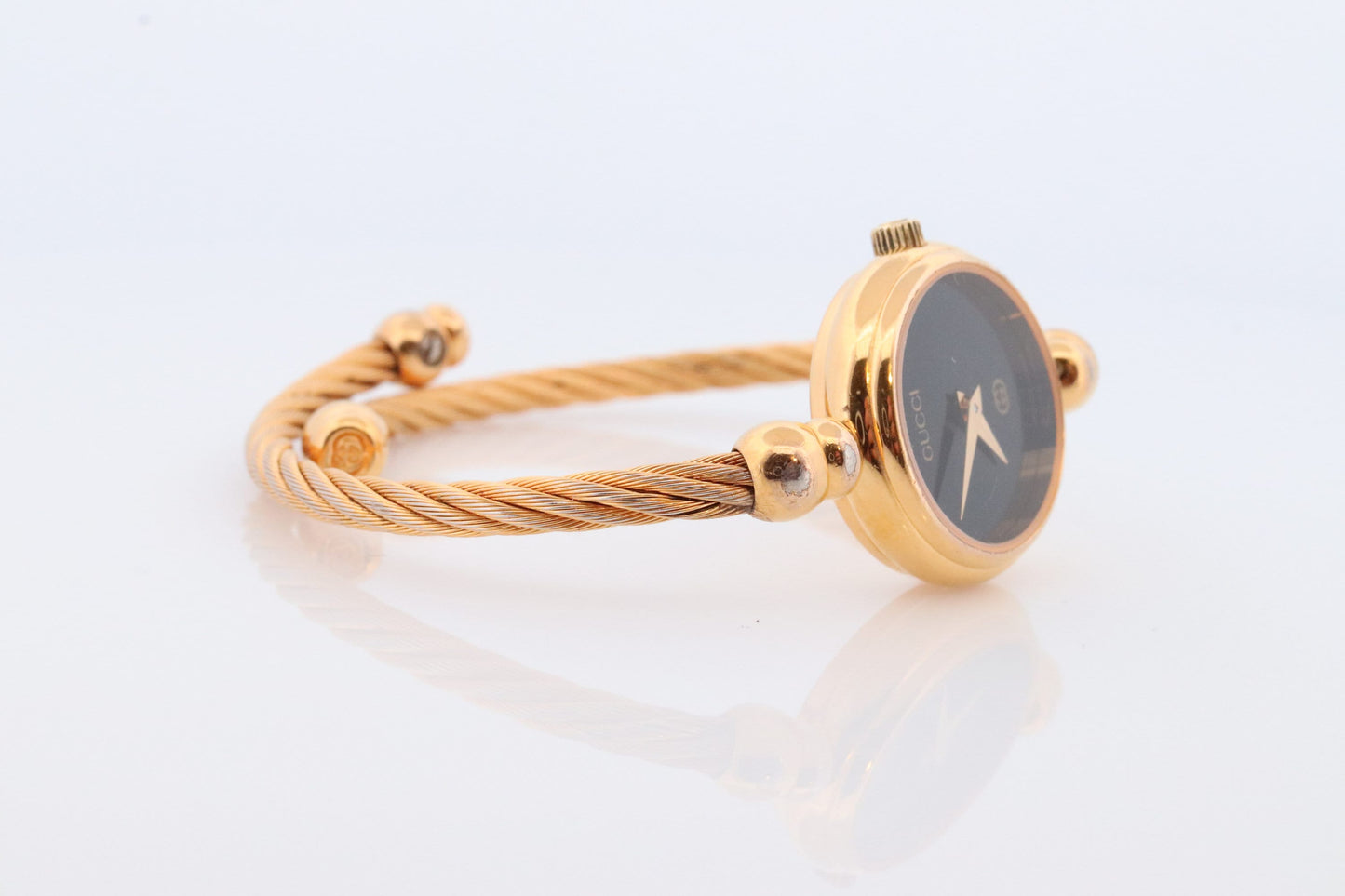 Vintage GUCCI 2700 Quartz Watch Timepiece. Gucci Black Face Gold Tone Bangle Wrist Watch Ladies. Original Paperwork / Box