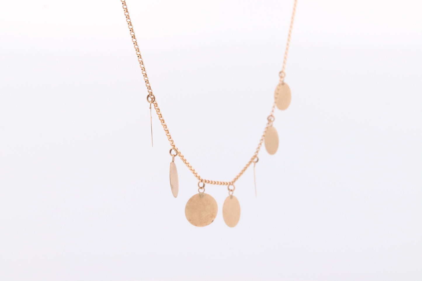14k Dangle Charm Necklace. 14k Coin Medallion dangle Pendant Necklace. Round Charm Disk Disc Chain.