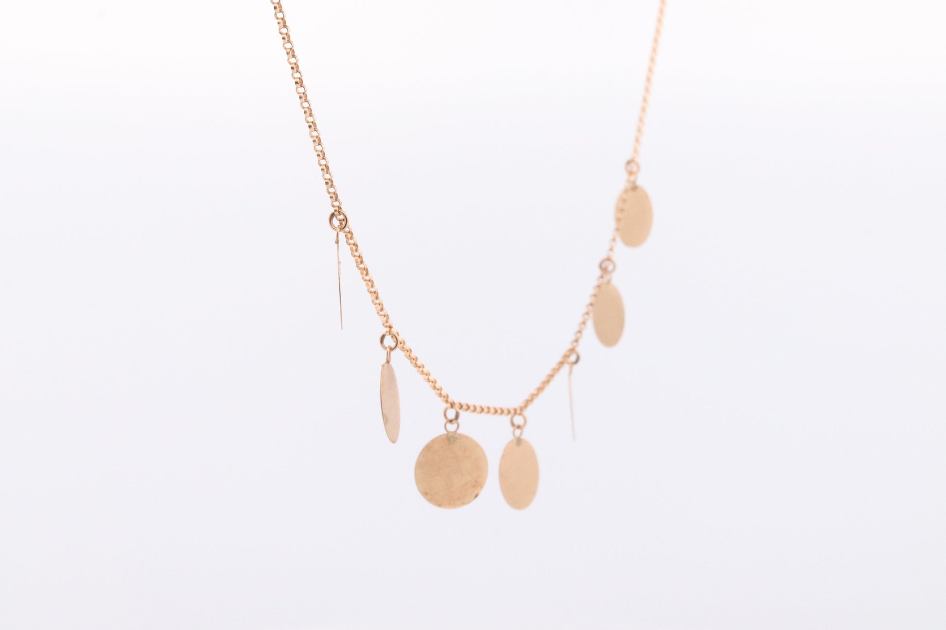 14k Dangle Charm Necklace. 14k Coin Medallion dangle Pendant Necklace. Round Charm Disk Disc Chain.