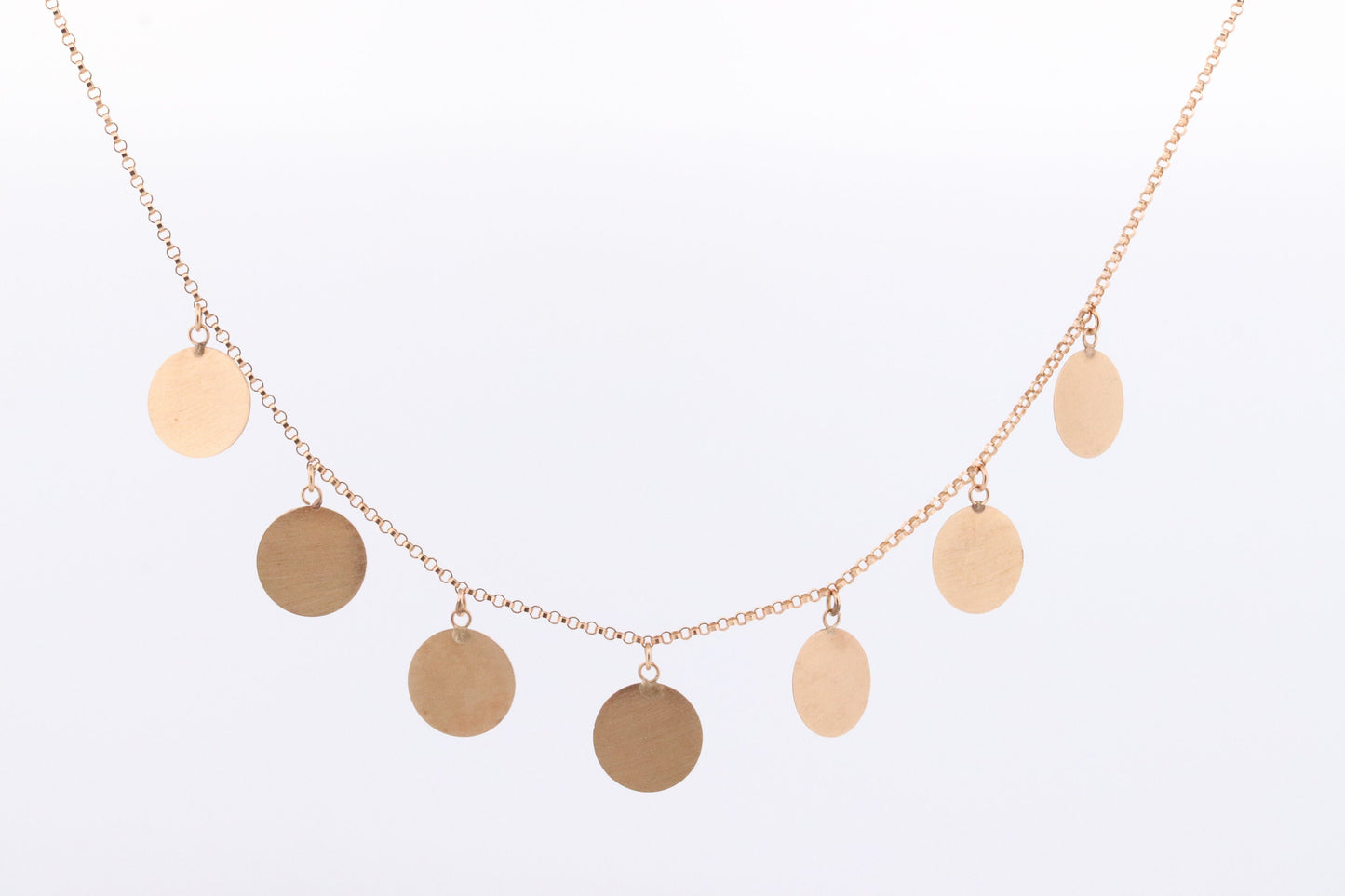 14k Dangle Charm Necklace. 14k Coin Medallion dangle Pendant Necklace. Round Charm Disk Disc Chain.