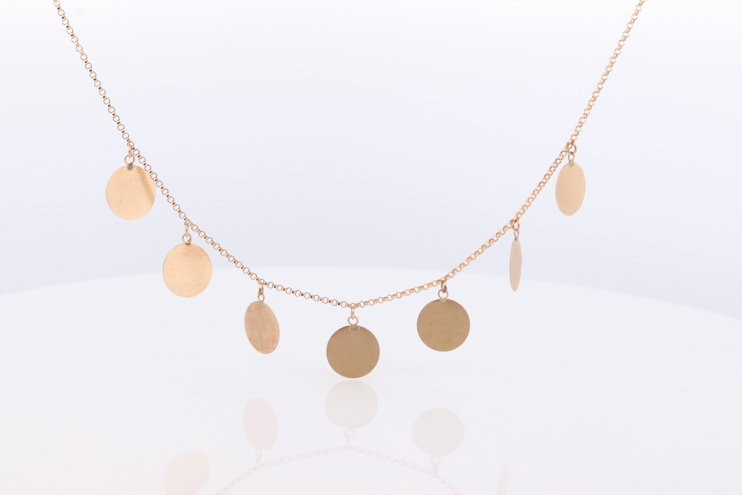 14k Dangle Charm Necklace. 14k Coin Medallion dangle Pendant Necklace. Round Charm Disk Disc Chain.
