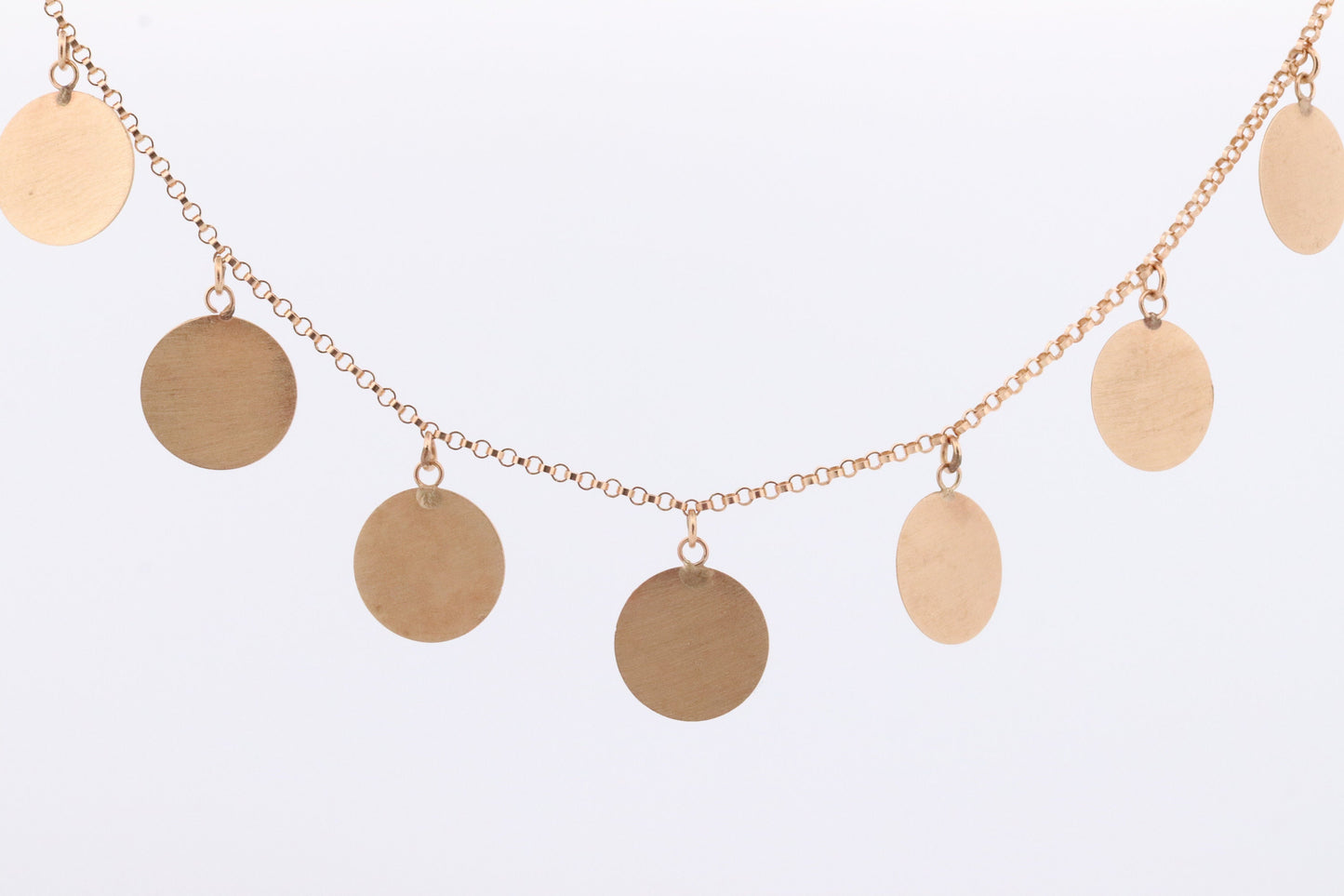 14k Dangle Charm Necklace. 14k Coin Medallion dangle Pendant Necklace. Round Charm Disk Disc Chain.