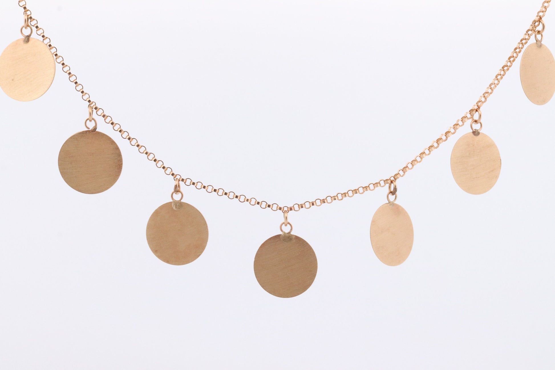 14k Dangle Charm Necklace. 14k Coin Medallion dangle Pendant Necklace. Round Charm Disk Disc Chain.