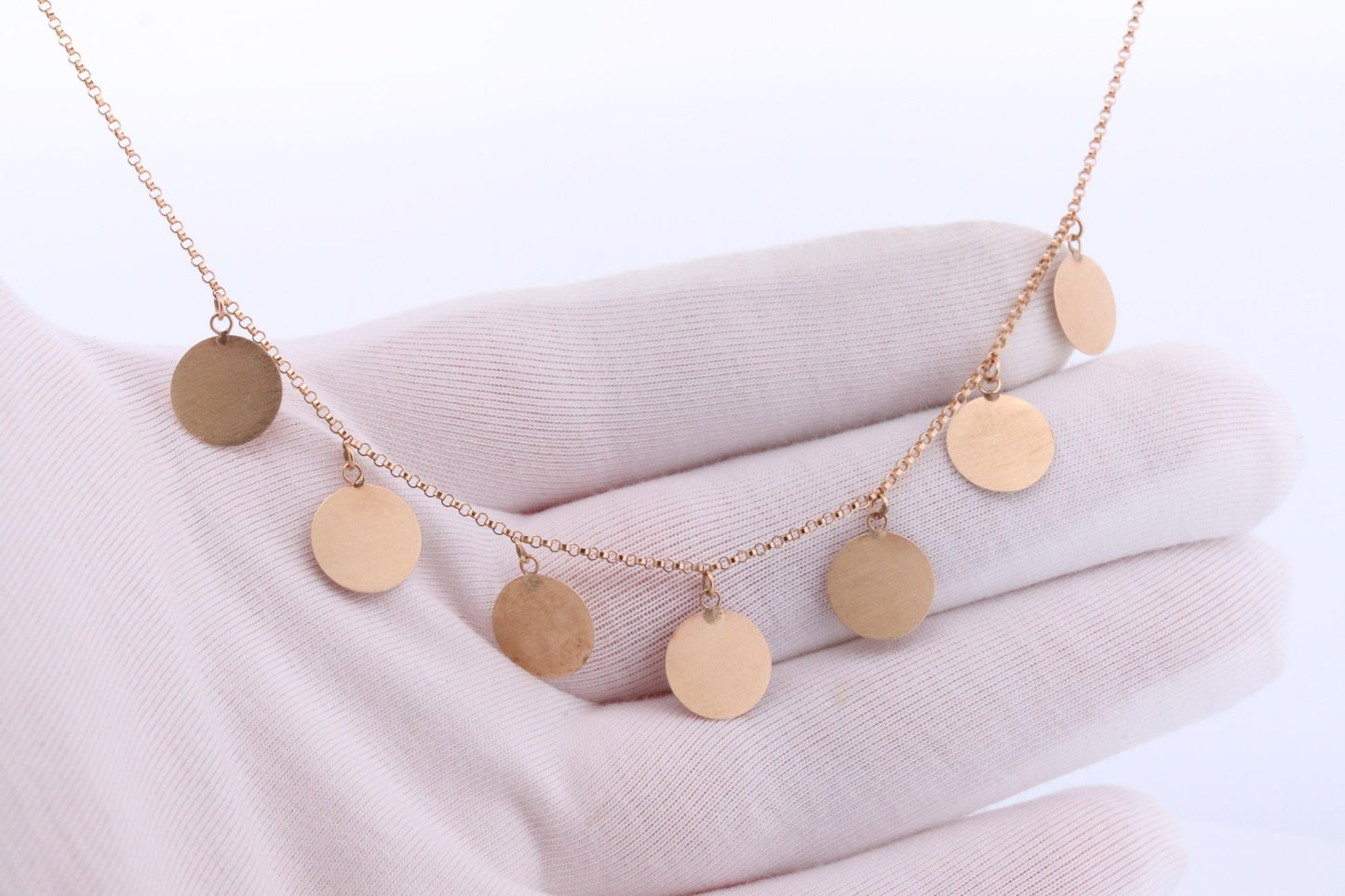 14k Dangle Charm Necklace. 14k Coin Medallion dangle Pendant Necklace. Round Charm Disk Disc Chain.