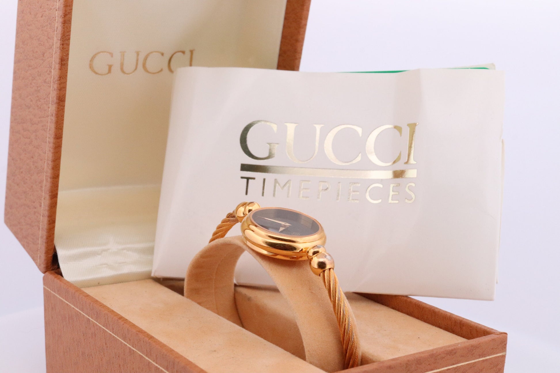 Vintage GUCCI 2700 Quartz Watch Timepiece. Gucci Black Face Gold Tone Bangle Wrist Watch Ladies. Original Paperwork / Box