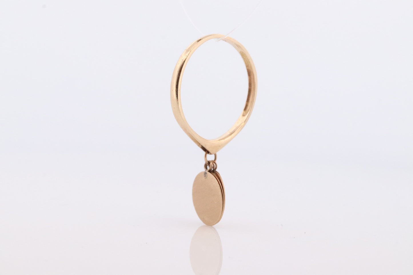 14k Dangle Charm ring. 14k Coin Medallion dangle ring. Round Charm Disk Disc band.