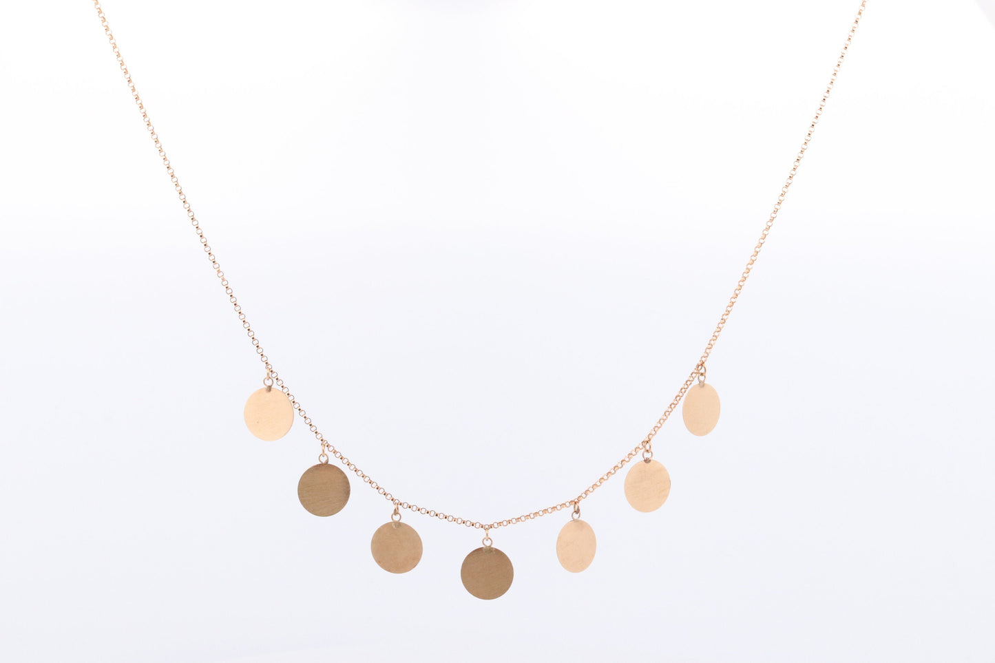 14k Dangle Charm Necklace. 14k Coin Medallion dangle Pendant Necklace. Round Charm Disk Disc Chain.