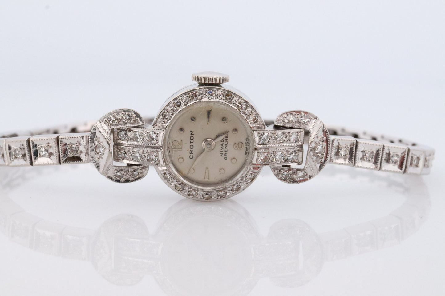 14k CROTON Nivada Grenchen LADIES wrist watch. 14k Manual watch with diamonds.