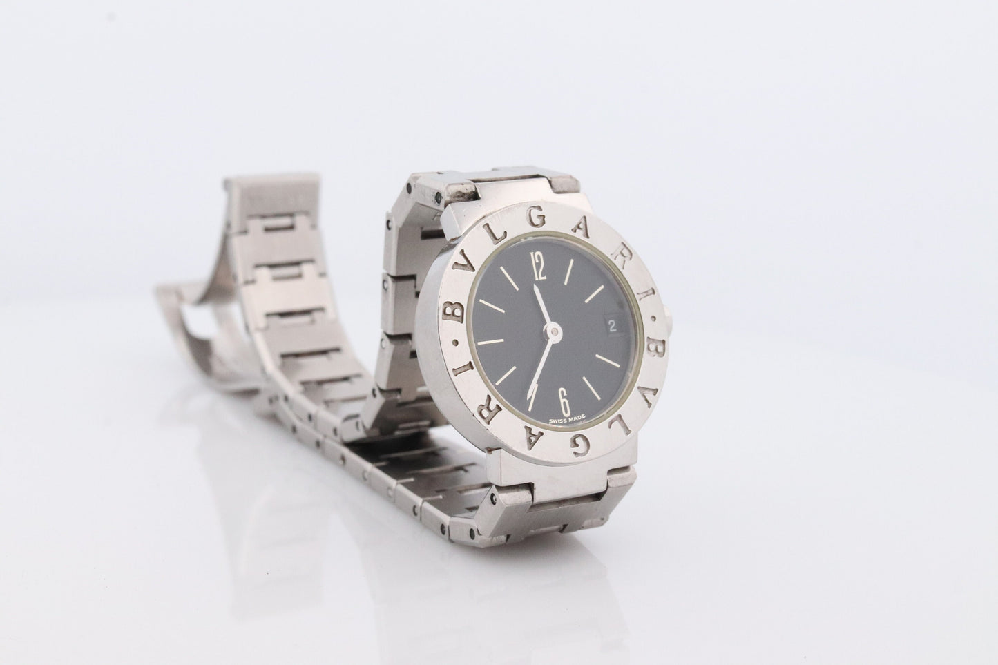 Vintage BVLGARI Watch. Bulgari BB 23 SS Stainless Steel Quartz Watch. Ladies Womens Luxury Watch. Black Dial.