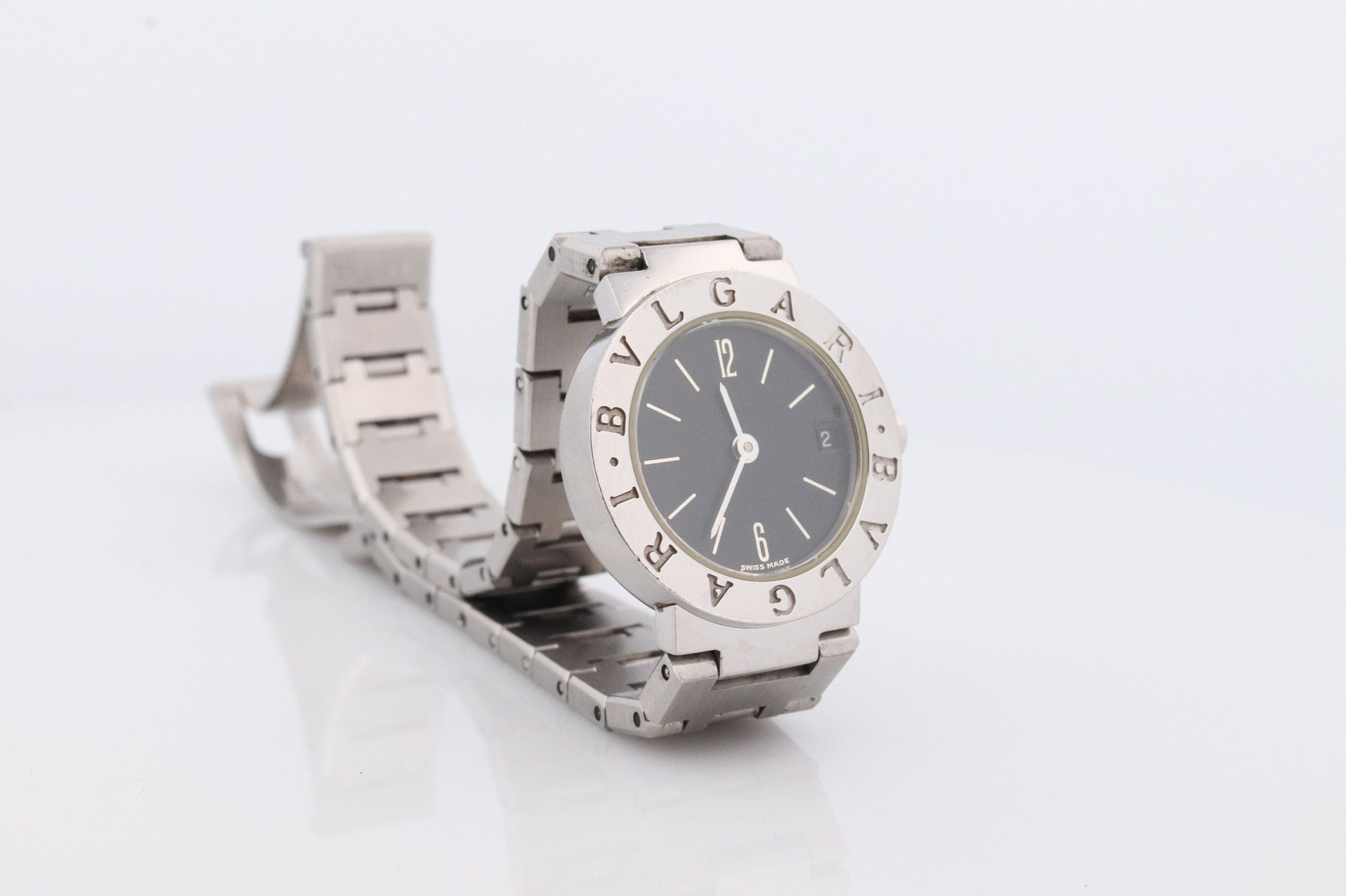 Vintage BVLGARI Watch. Bulgari BB 23 SS Stainless Steel Quartz Watch. Ladies Womens Luxury Watch. Black Dial.