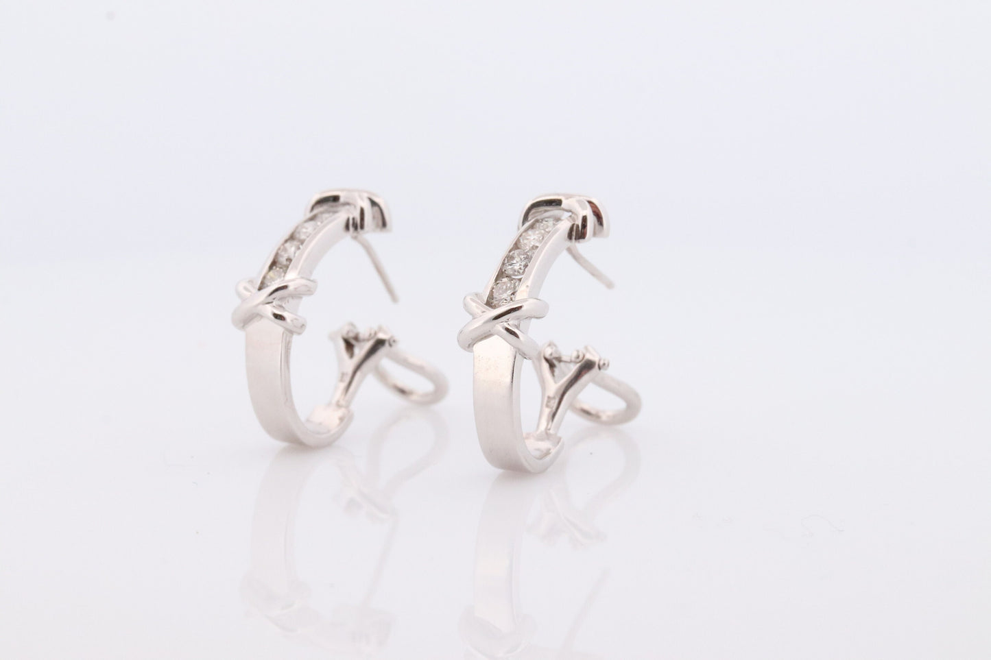 14k Diamond Hoop Earrings. Diamond Channel set diamond XOXO Earrings. Est 0.65ctw Hoop Huggie Dangle Diamond White Gold Earrings