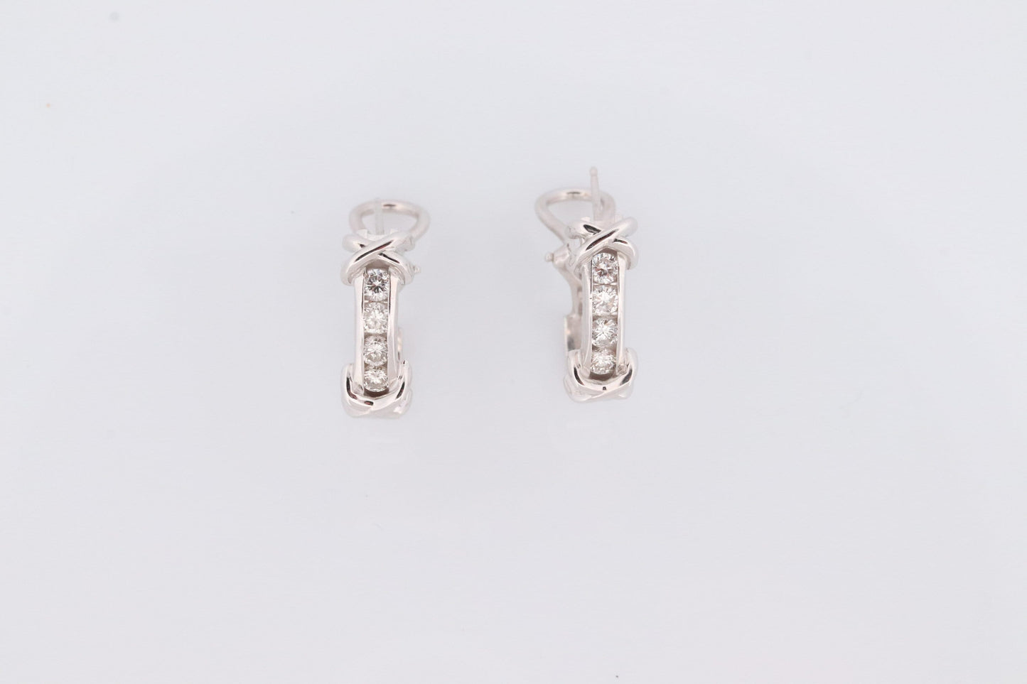 14k Diamond Hoop Earrings. Diamond Channel set diamond XOXO Earrings. Est 0.65ctw Hoop Huggie Dangle Diamond White Gold Earrings