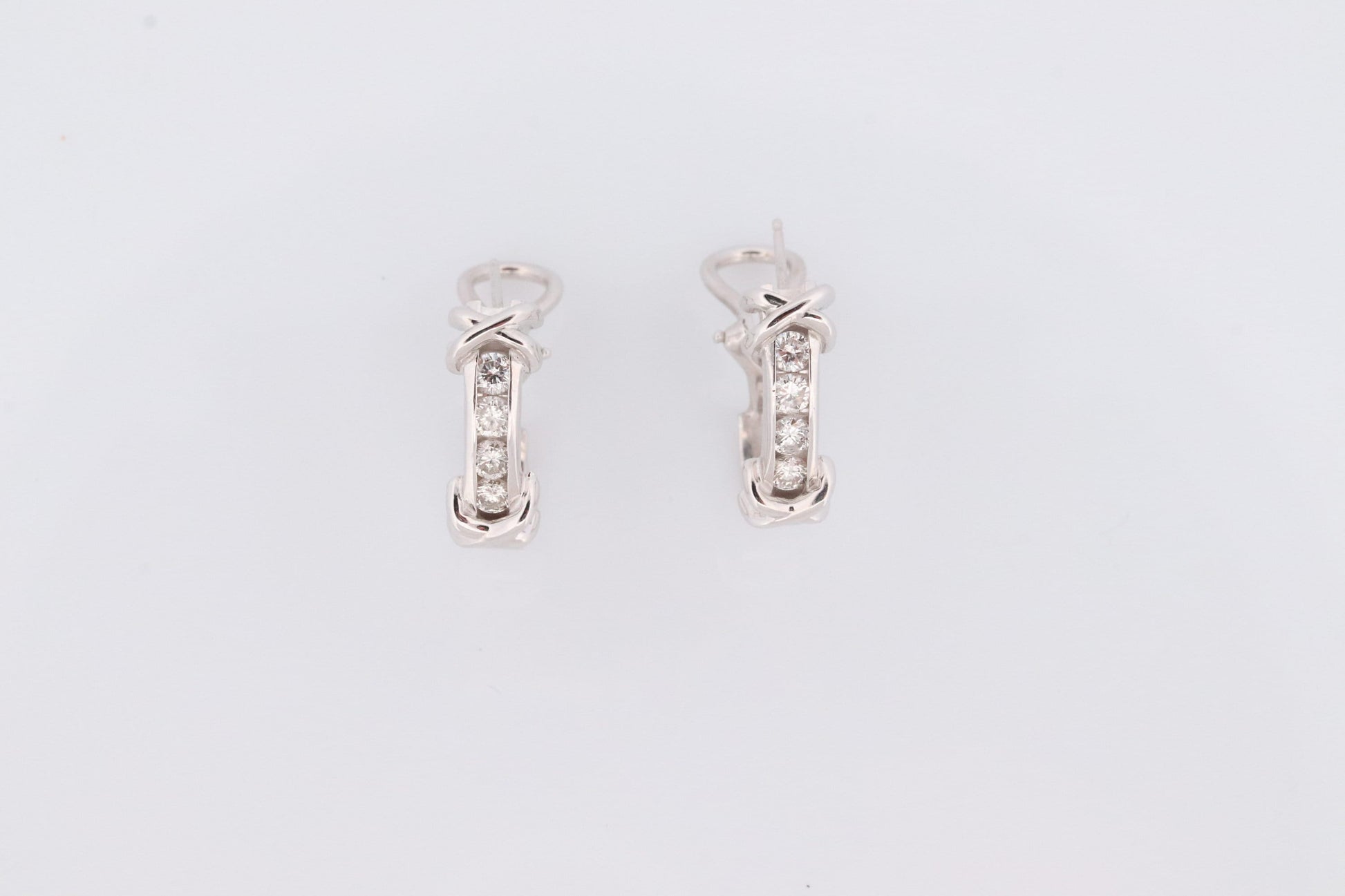 14k Diamond Hoop Earrings. Diamond Channel set diamond XOXO Earrings. Est 0.65ctw Hoop Huggie Dangle Diamond White Gold Earrings