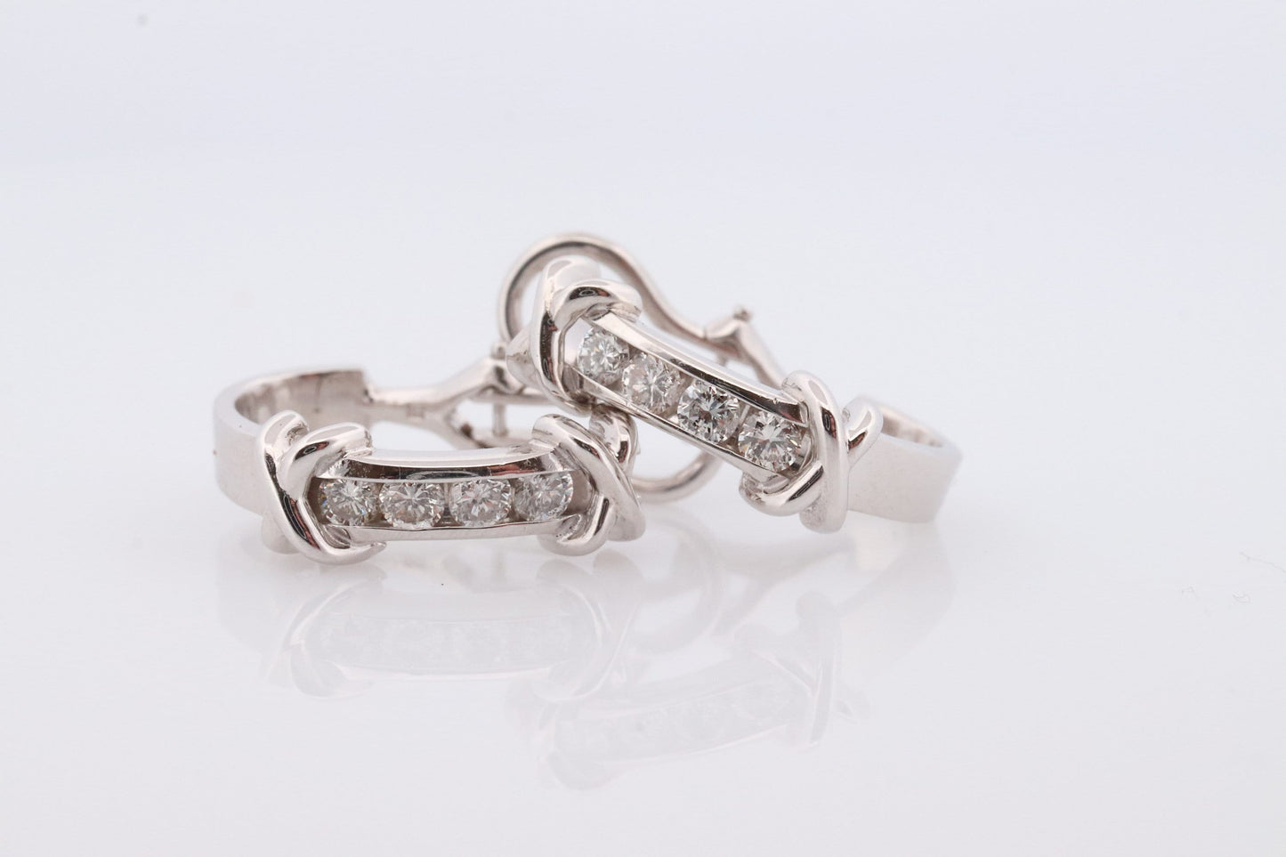 14k Diamond Hoop Earrings. Diamond Channel set diamond XOXO Earrings. Est 0.65ctw Hoop Huggie Dangle Diamond White Gold Earrings