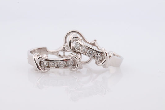 14k Diamond Hoop Earrings. Diamond Channel set diamond XOXO Earrings. Est 0.65ctw Hoop Huggie Dangle Diamond White Gold Earrings