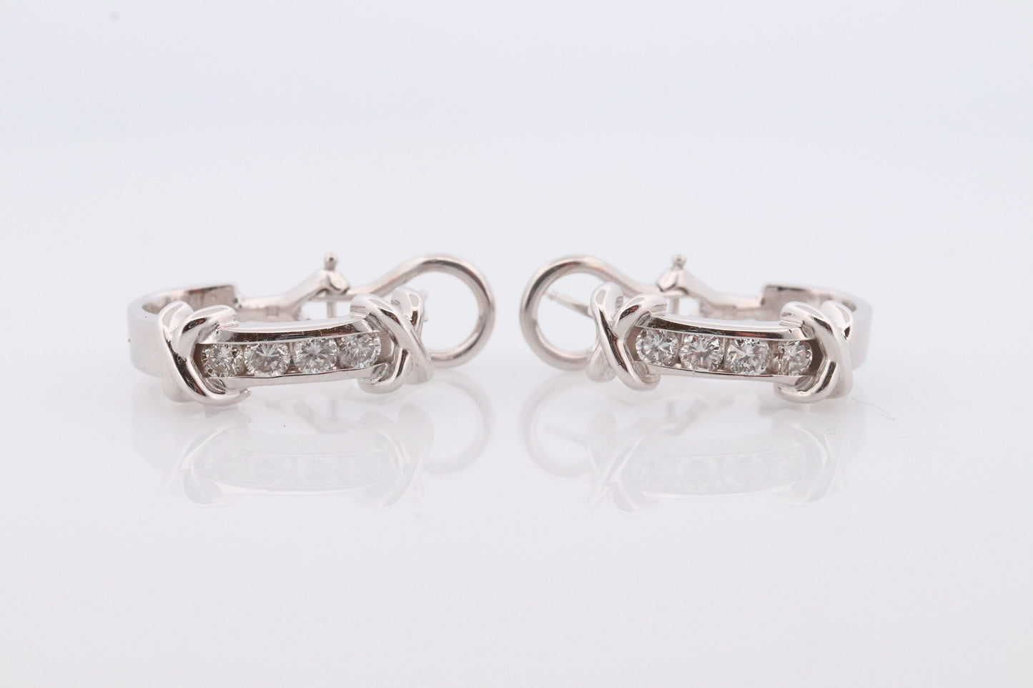 14k Diamond Hoop Earrings. Diamond Channel set diamond XOXO Earrings. Est 0.65ctw Hoop Huggie Dangle Diamond White Gold Earrings