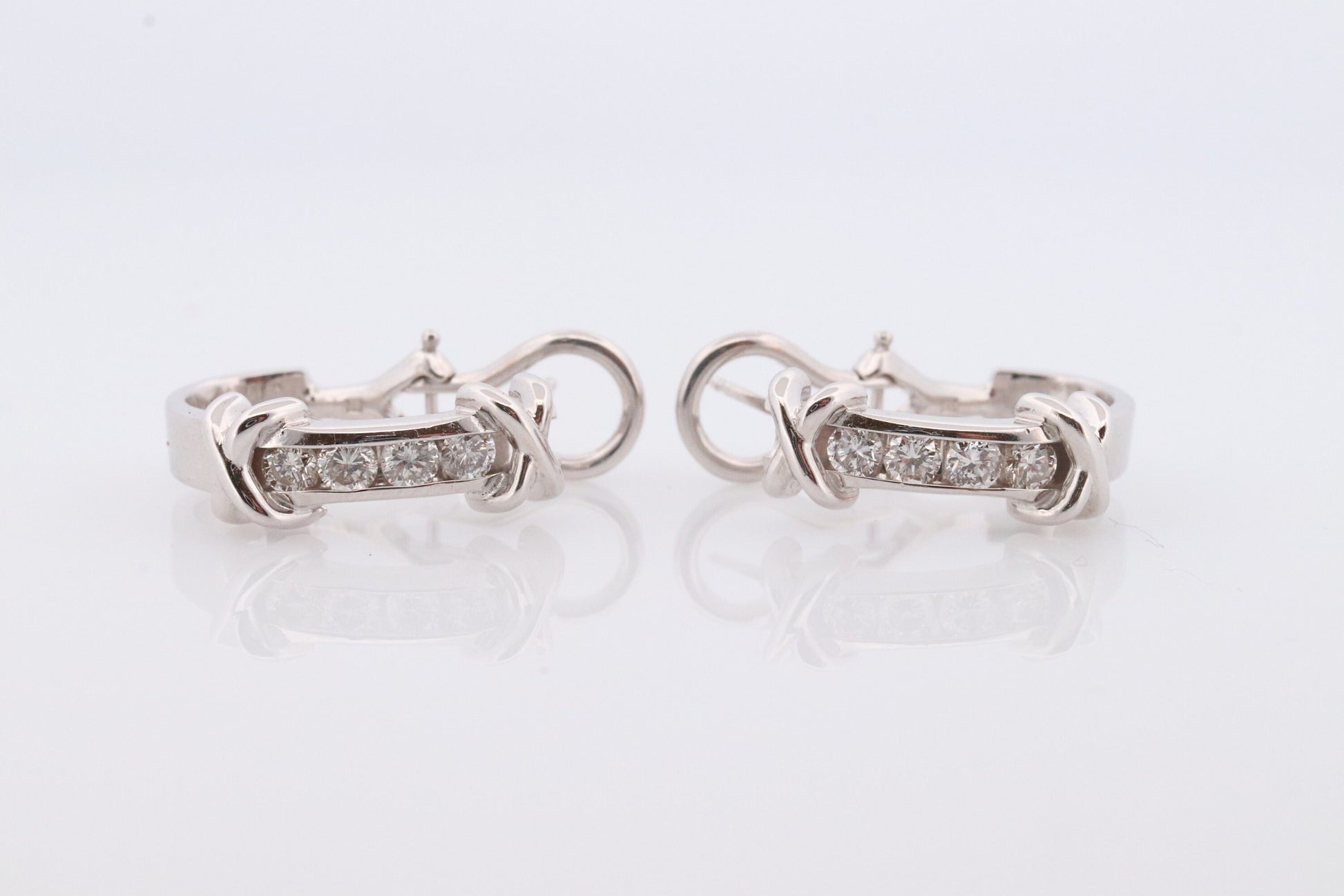 14k Diamond Hoop Earrings. Diamond Channel set diamond XOXO Earrings. Est 0.65ctw Hoop Huggie Dangle Diamond White Gold Earrings