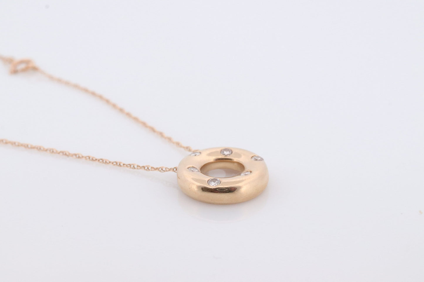 14K Diamond Circle of Life, Open Circle, Eternity Circle Diamond Pendant. Etoile Bezel Set Diamond Donut Disk Pendant Necklace.