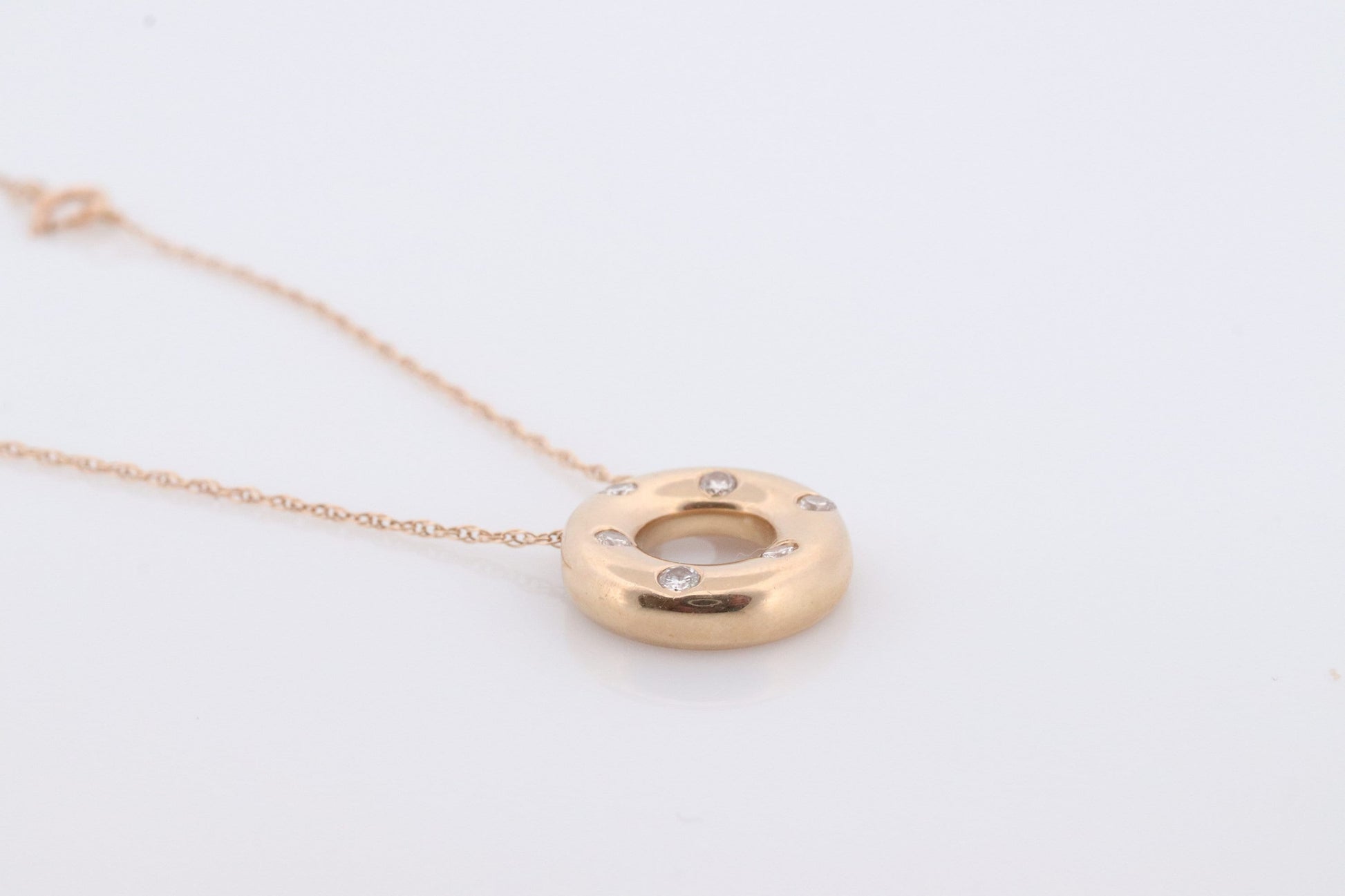14K Diamond Circle of Life, Open Circle, Eternity Circle Diamond Pendant. Etoile Bezel Set Diamond Donut Disk Pendant Necklace.