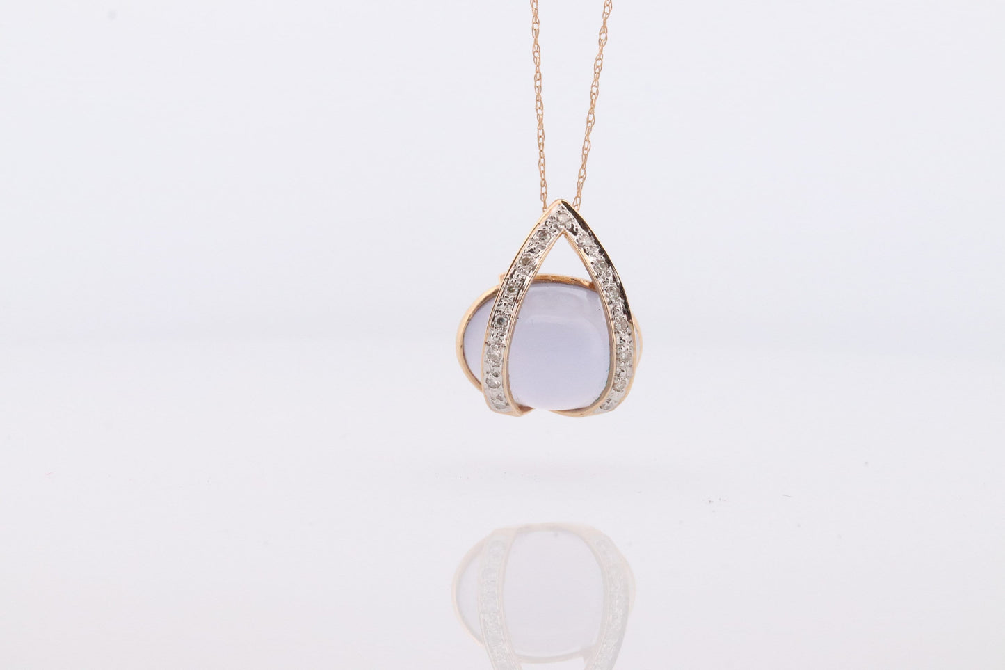 14k Chalcedony Cabochon Diamond Pendant. Necklace with tiny diamonds and Lavender Chalcedony Calcedony