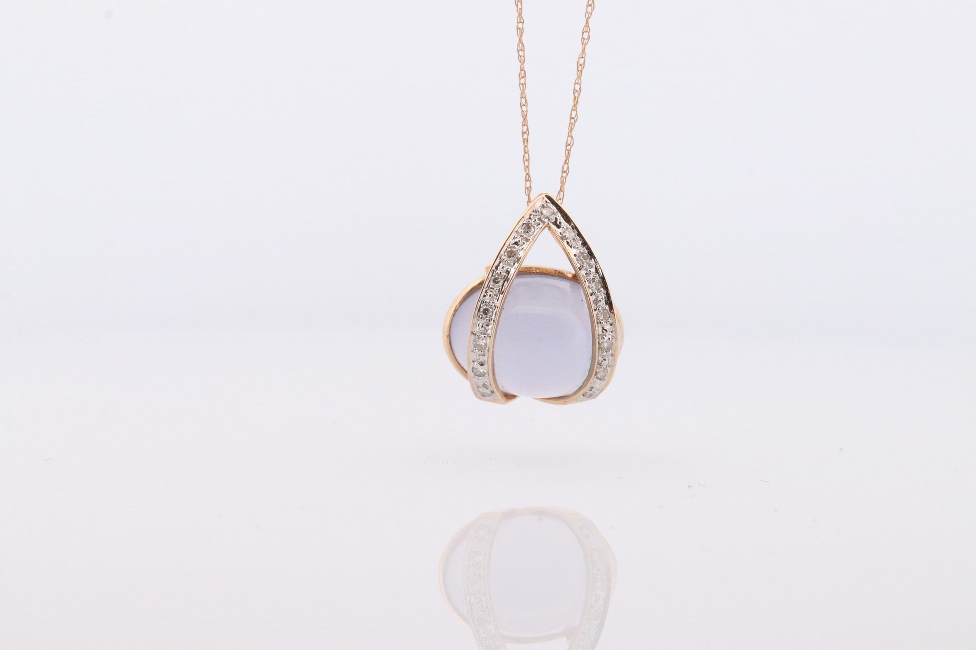 14k Chalcedony Cabochon Diamond Pendant. Necklace with tiny diamonds and Lavender Chalcedony Calcedony