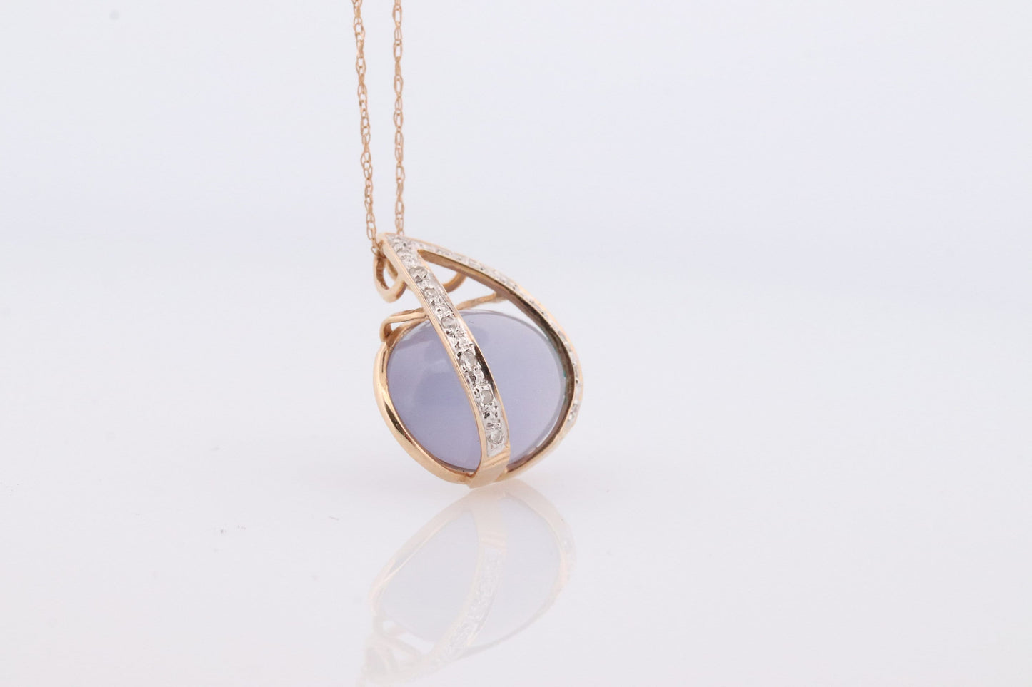 14k Chalcedony Cabochon Diamond Pendant. Necklace with tiny diamonds and Lavender Chalcedony Calcedony