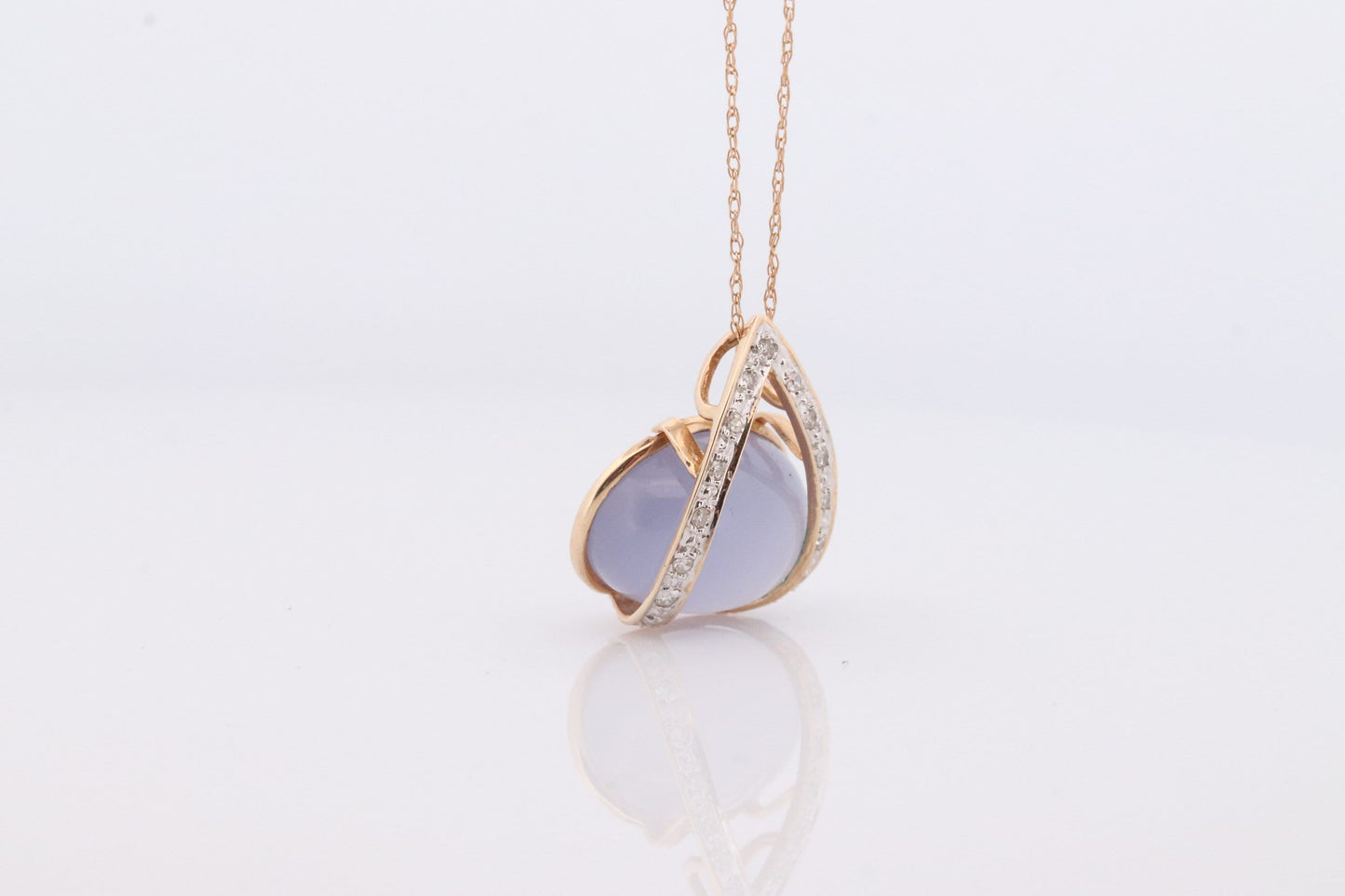 14k Chalcedony Cabochon Diamond Pendant. Necklace with tiny diamonds and Lavender Chalcedony Calcedony