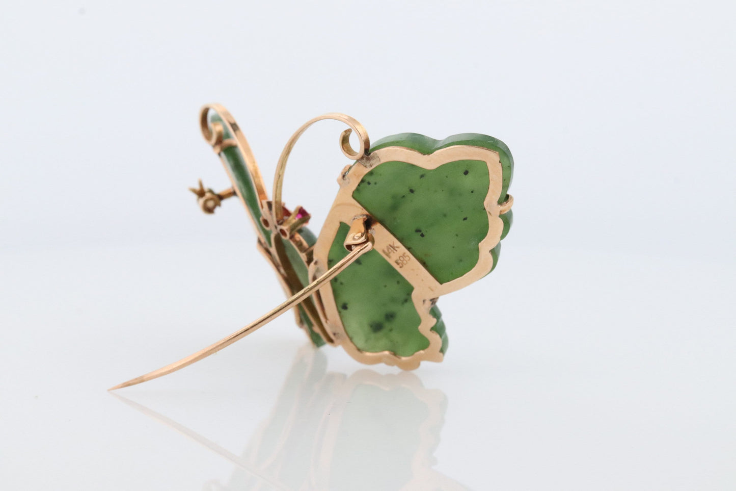 14k Butterfly Brooch. Green Jade Large Butterfly with Ruby Eyes. Natural Jade with Ruby eyes. 14k Jade Butterfly Brooch Pin.