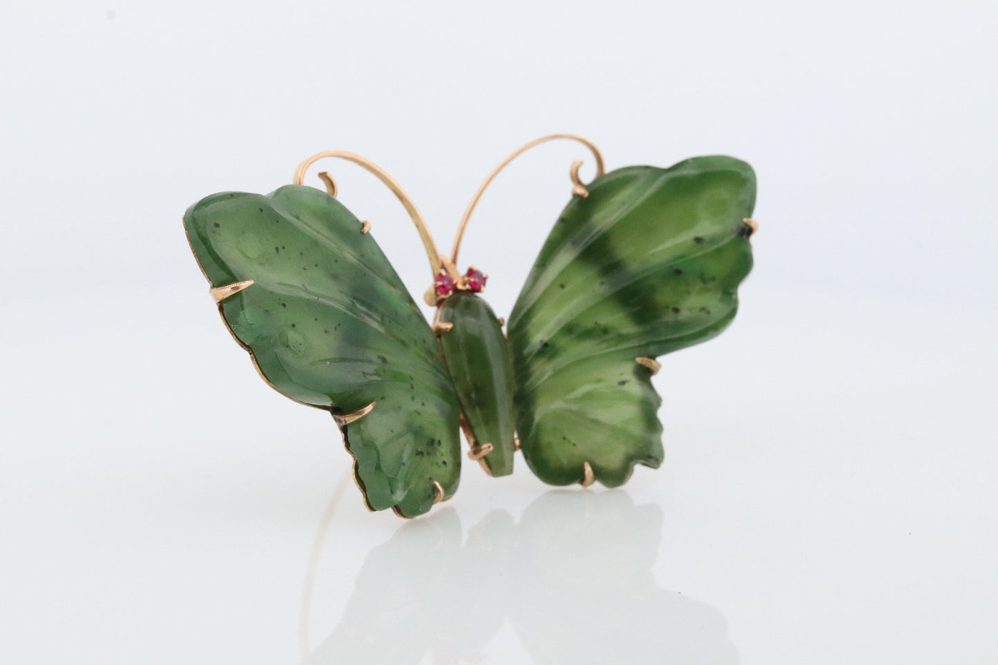 14k Butterfly Brooch. Green Jade Large Butterfly with Ruby Eyes. Natural Jade with Ruby eyes. 14k Jade Butterfly Brooch Pin.