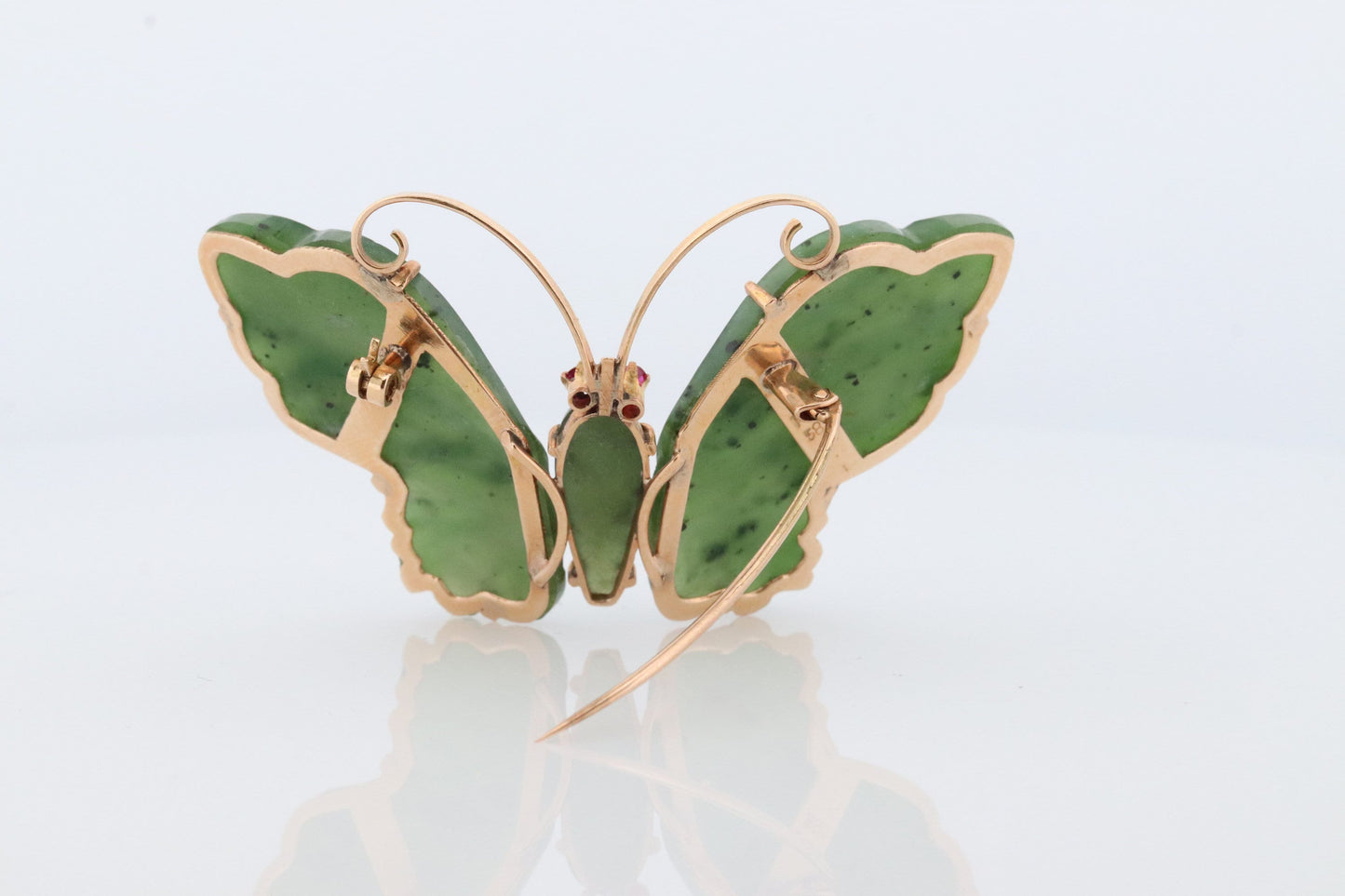 14k Butterfly Brooch. Green Jade Large Butterfly with Ruby Eyes. Natural Jade with Ruby eyes. 14k Jade Butterfly Brooch Pin.