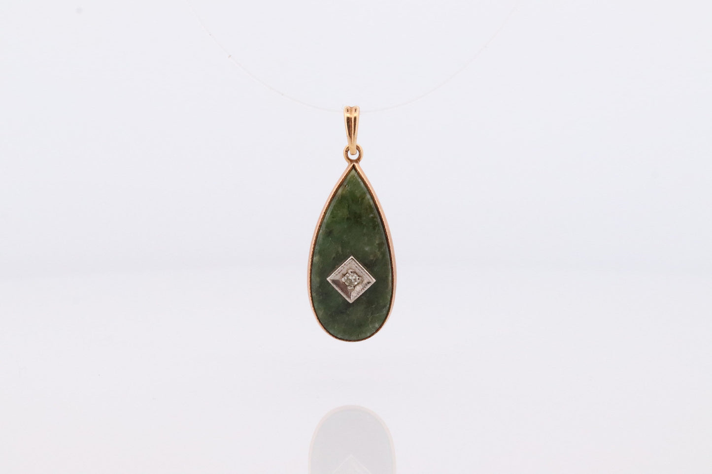 14k Jade and Diamond Pendant. Budlong, Docherty & Armstrong BDA Art Deco Tear Pendant for a necklace. Pear Jade Diamond Pendant.