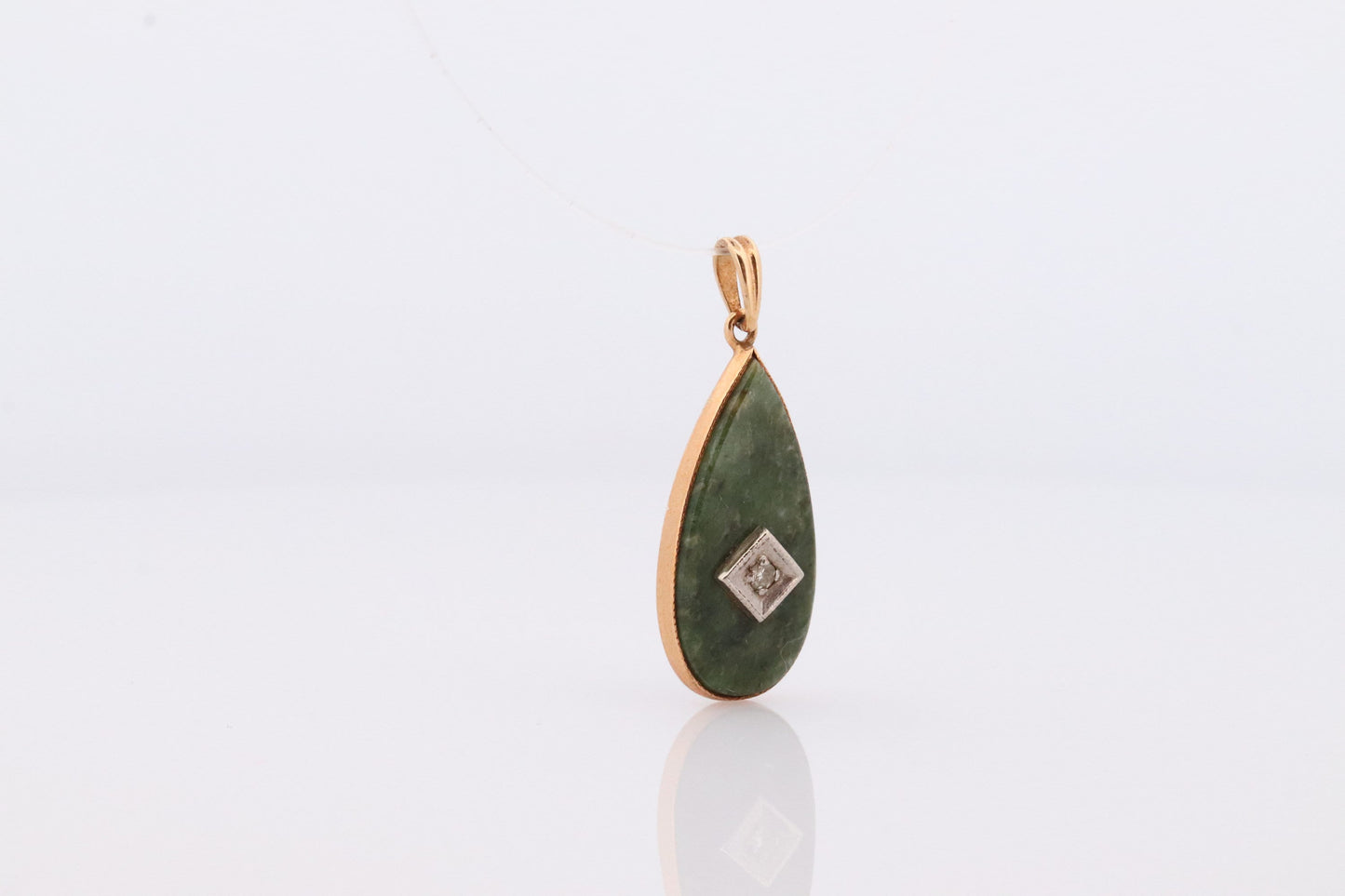14k Jade and Diamond Pendant. Budlong, Docherty & Armstrong BDA Art Deco Tear Pendant for a necklace. Pear Jade Diamond Pendant.